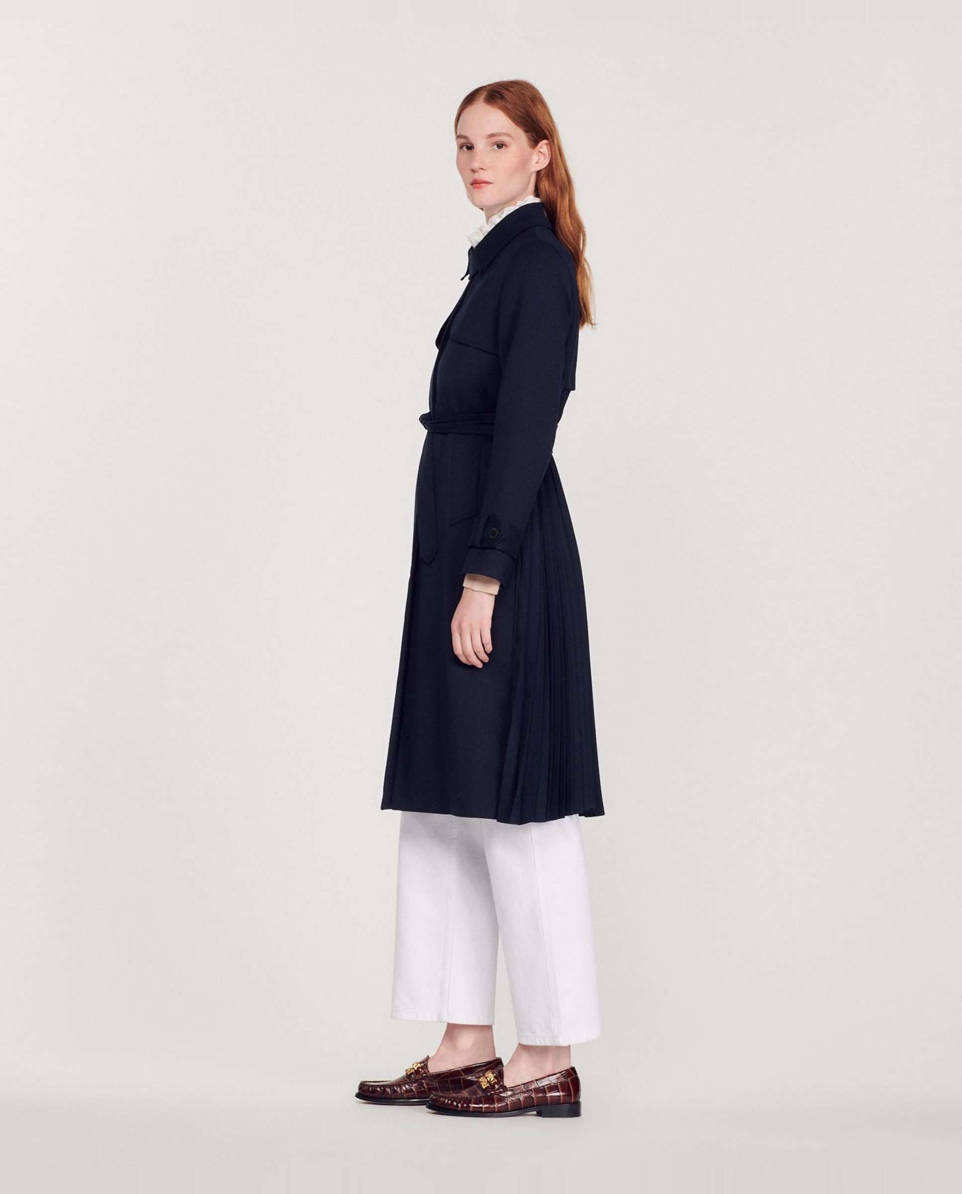 Gabardina de mujer con inserto plisado trasero y cinturón anudable - Sandro - Azul marino Azul marino-3