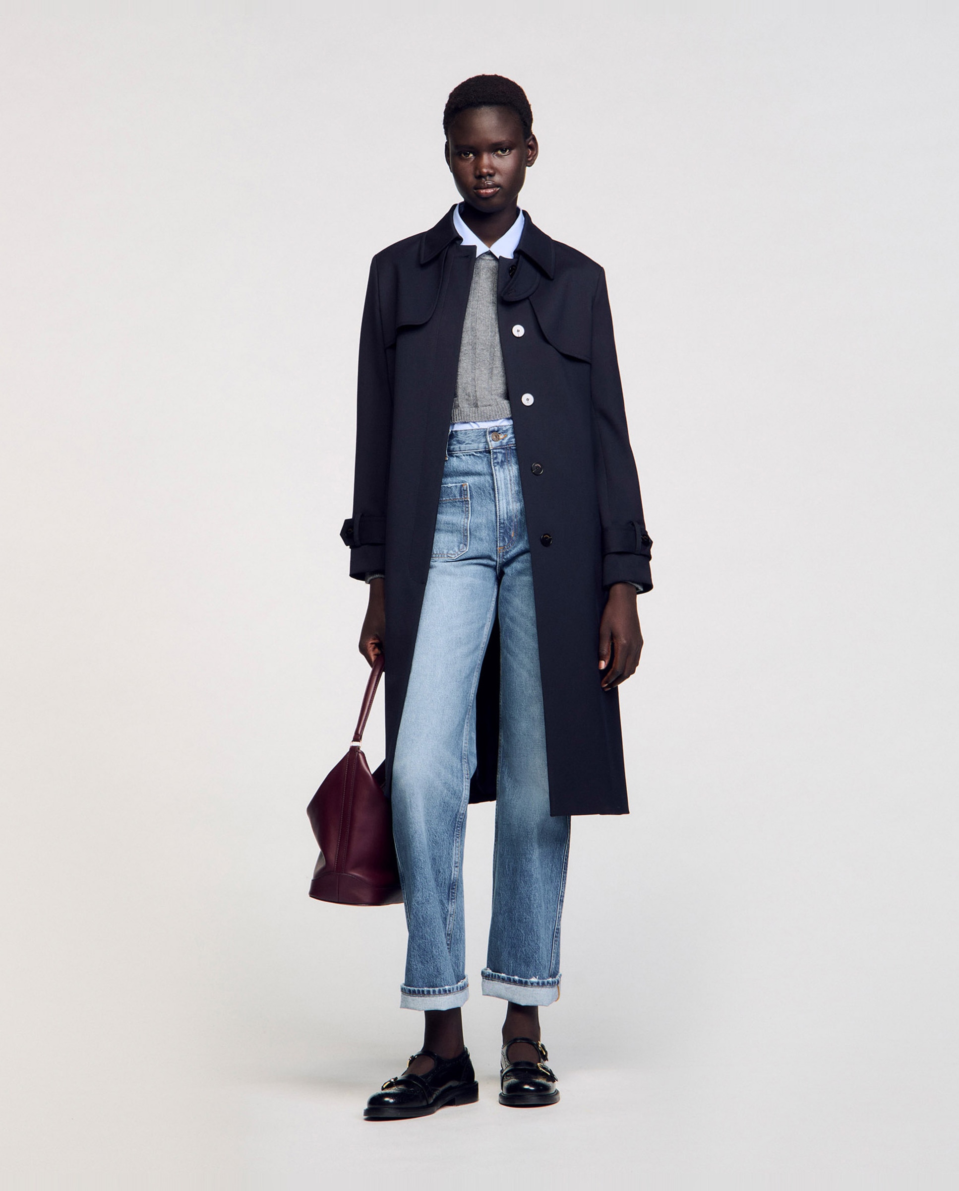 Gabardina de mujer con inserto plisado trasero y cinturón anudable - Sandro - Azul marino Azul marino-6