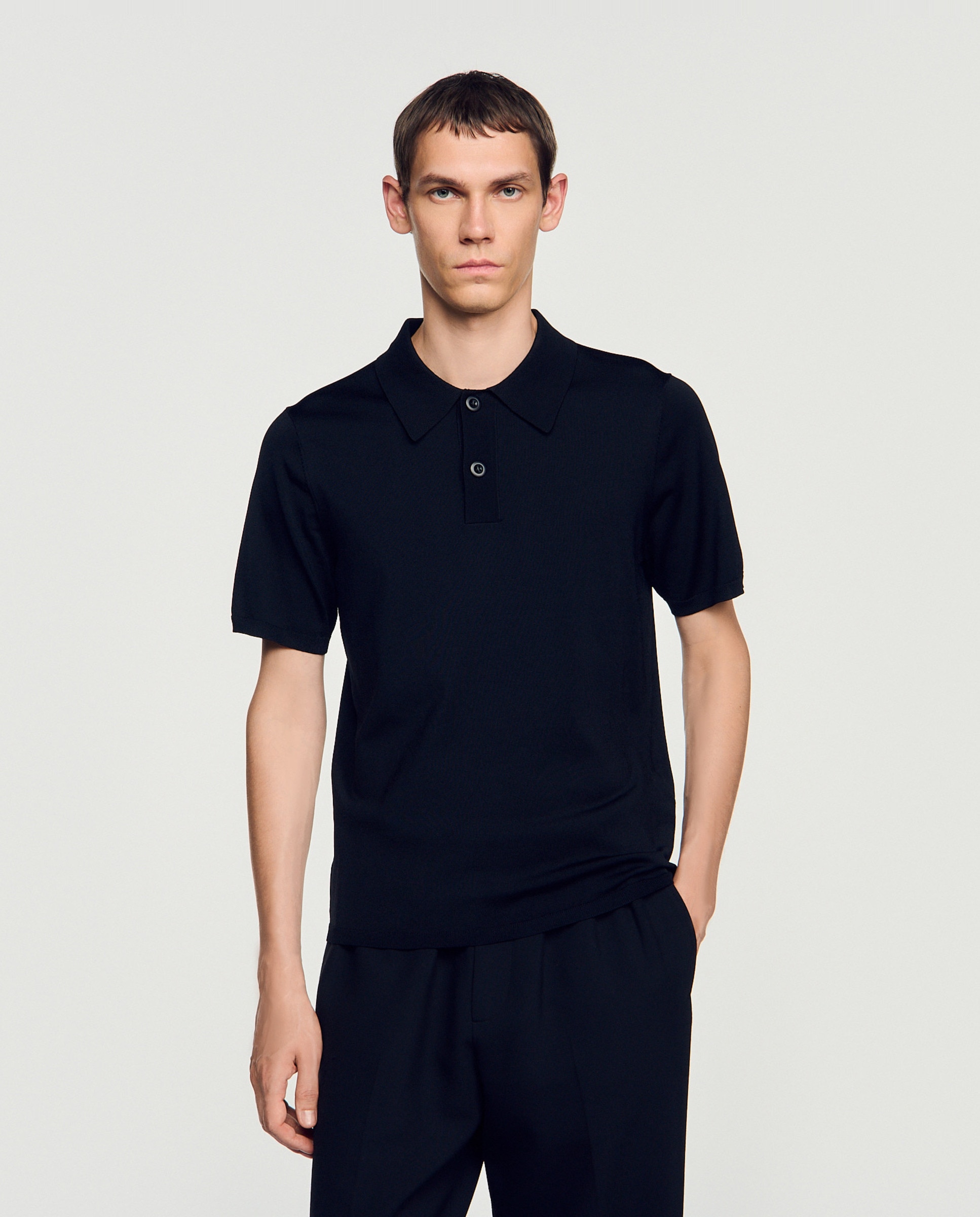 Polo de hombre de punto negro manga corta - Sandro - Negro brillante Negro brillante-1