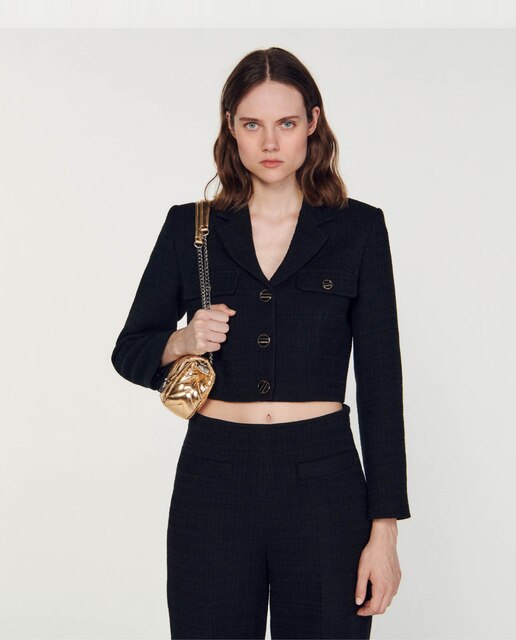 Chaqueta de mujer corta de tweed abotonada
