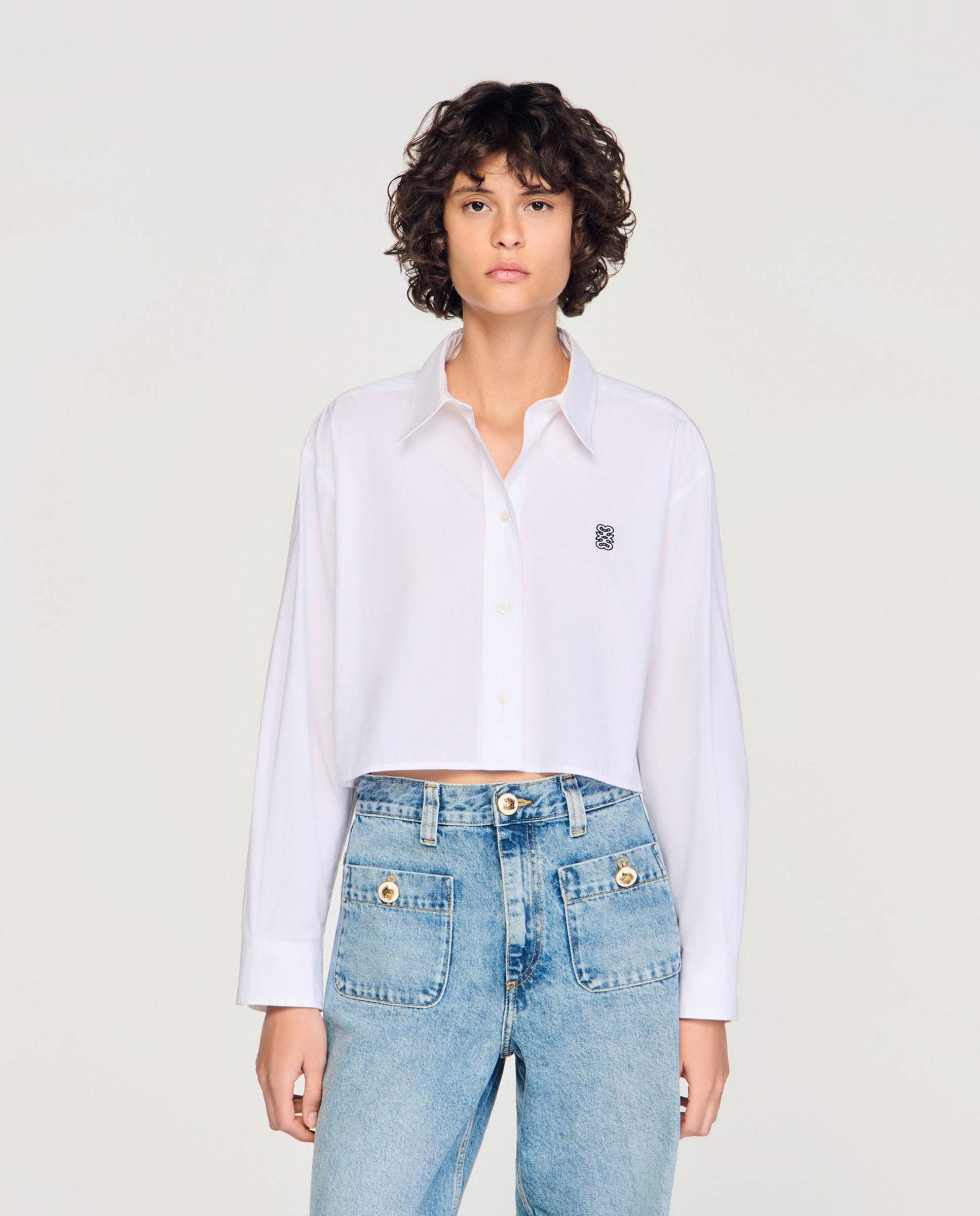 Camisa de mujer corta de popelina de algodón orgánico - Sandro - Blanco Blanco-1