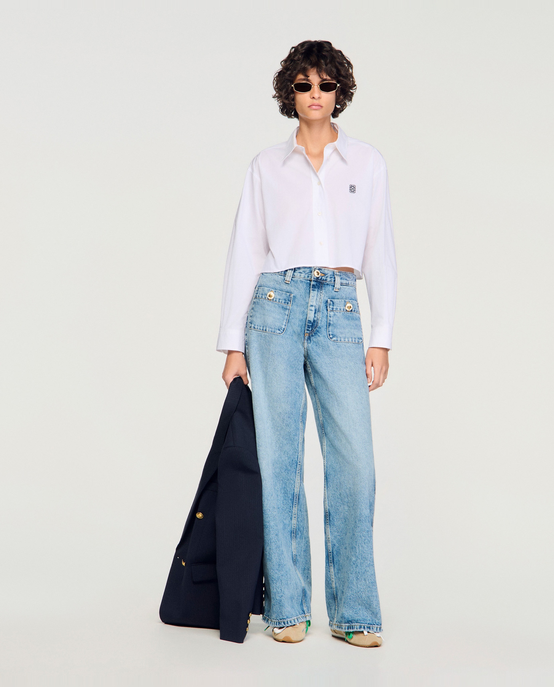 Camisa de mujer corta de popelina de algodón orgánico - Sandro - Blanco Blanco-3