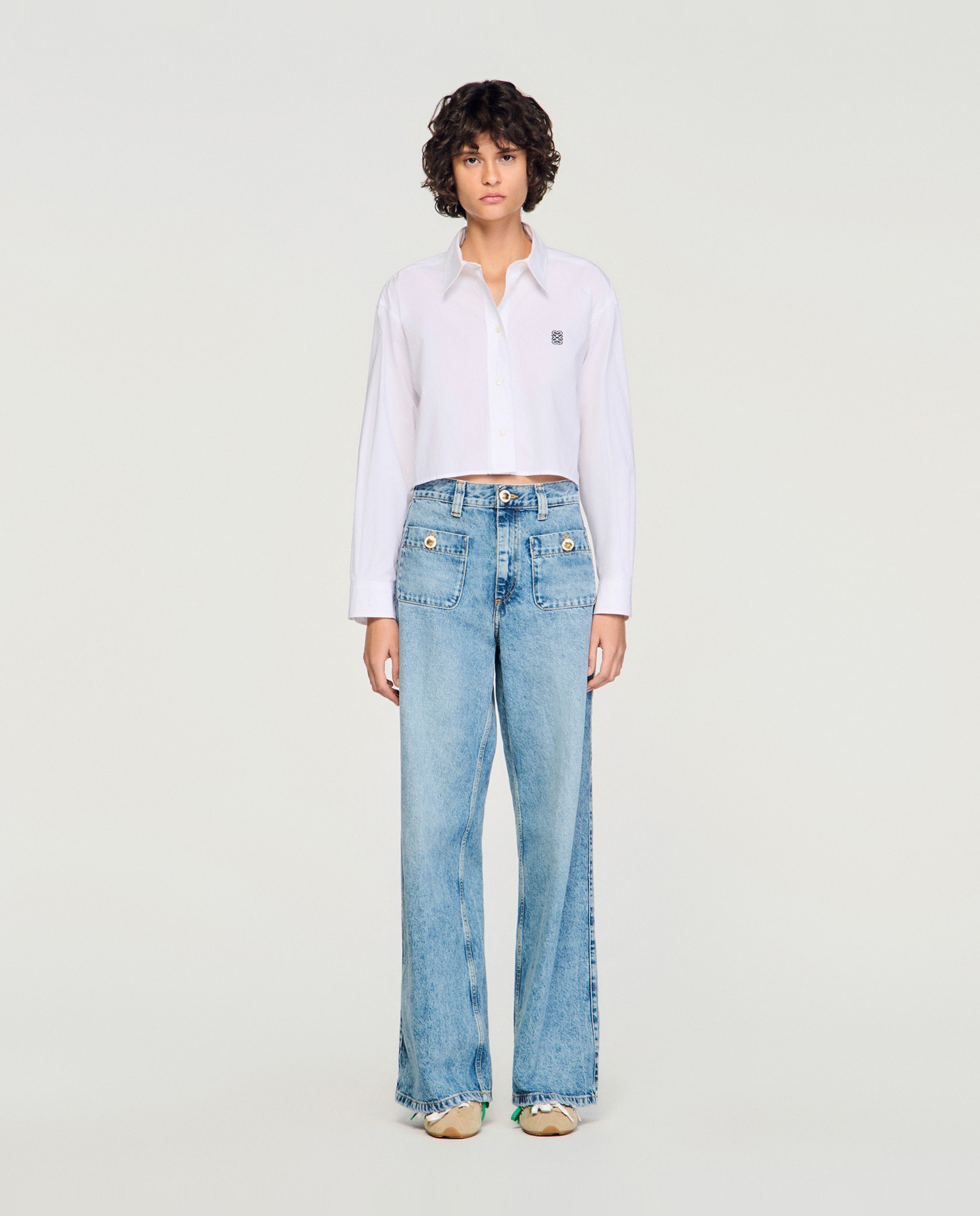 Camisa de mujer corta de popelina de algodón orgánico - Sandro - Blanco Blanco-4