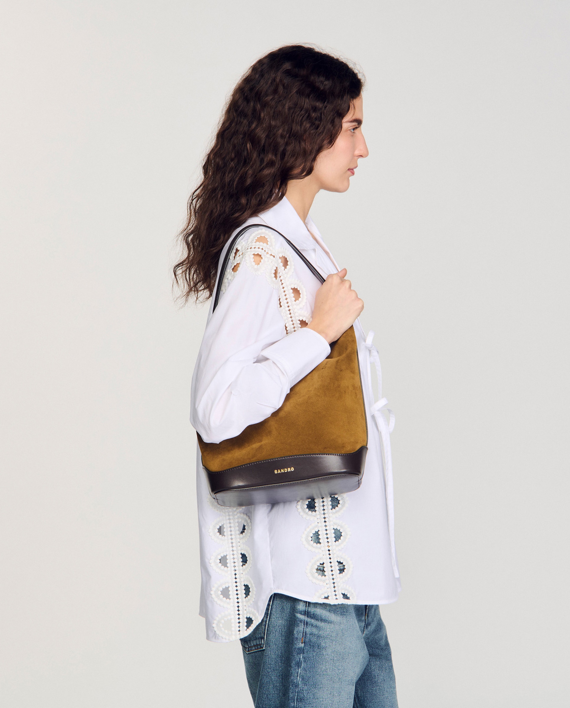 Bandolera de mujer saco mediano de ante y cuero multiposición - Sandro - Camel Camel-3