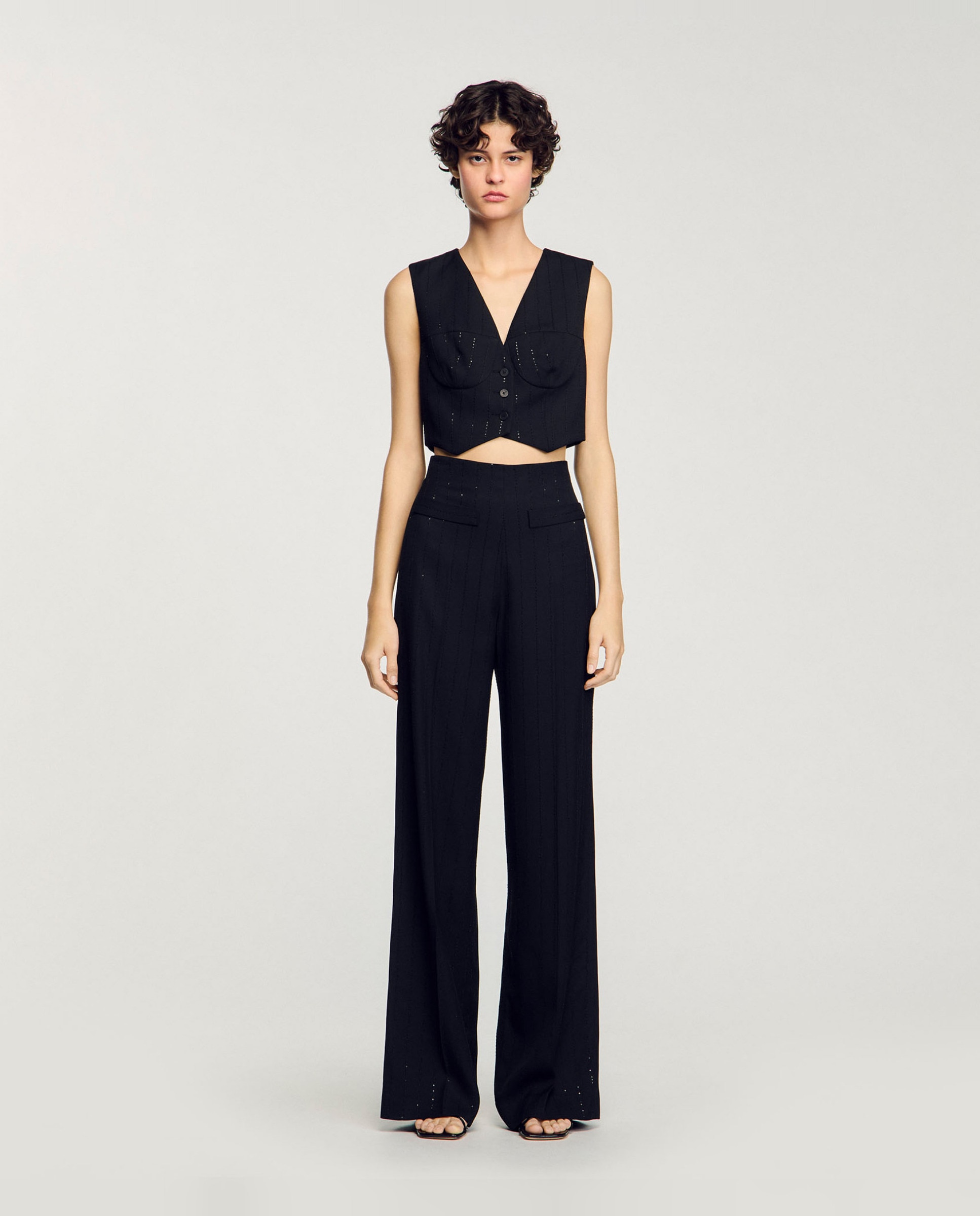 Sandro - Pantalones de traje anchos de mujer de talle alto con rayas y lentejuelas.