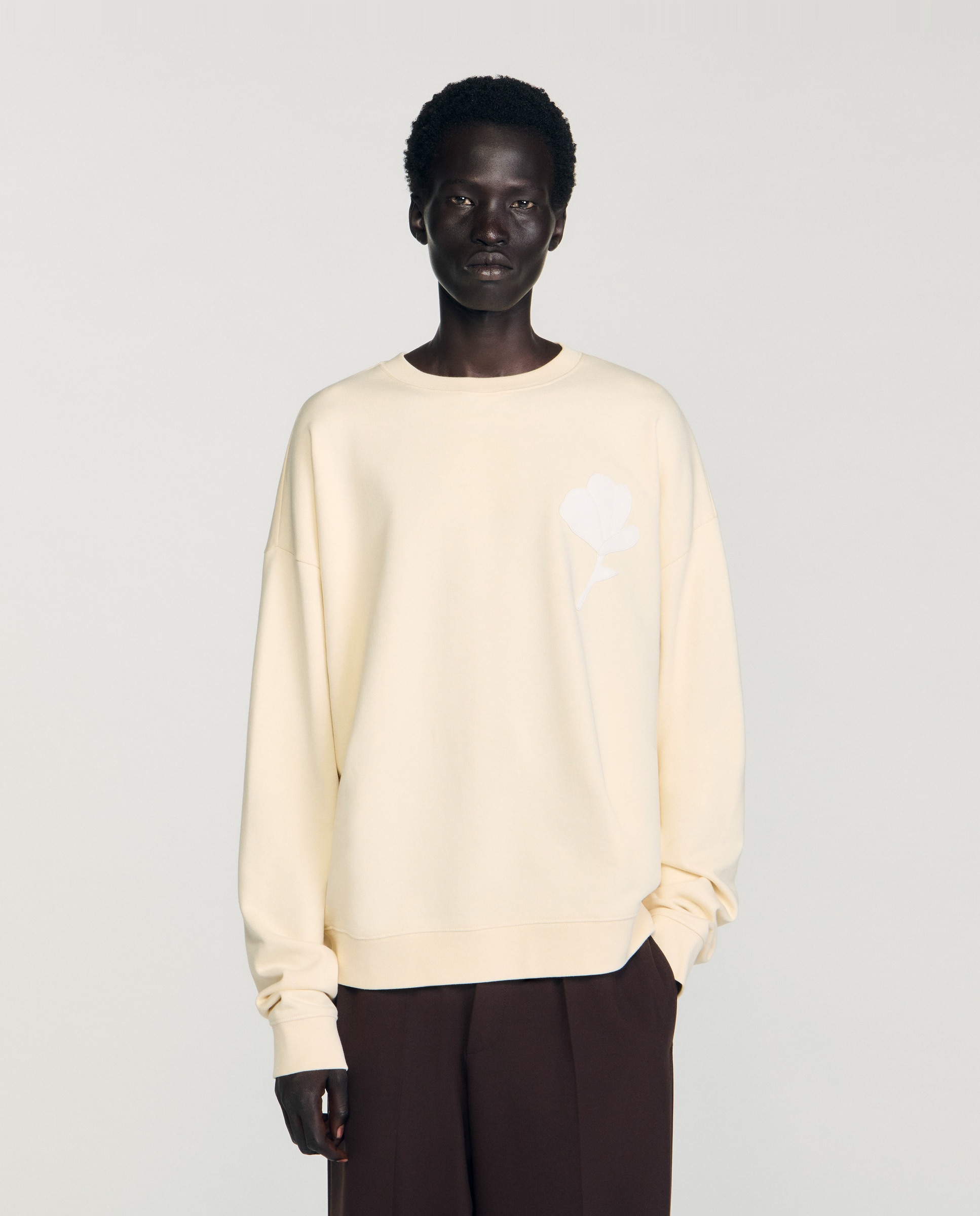 Sudadera sin capucha de hombre con parche de cuero y cuello redondo - Sandro - Beige Beige-1