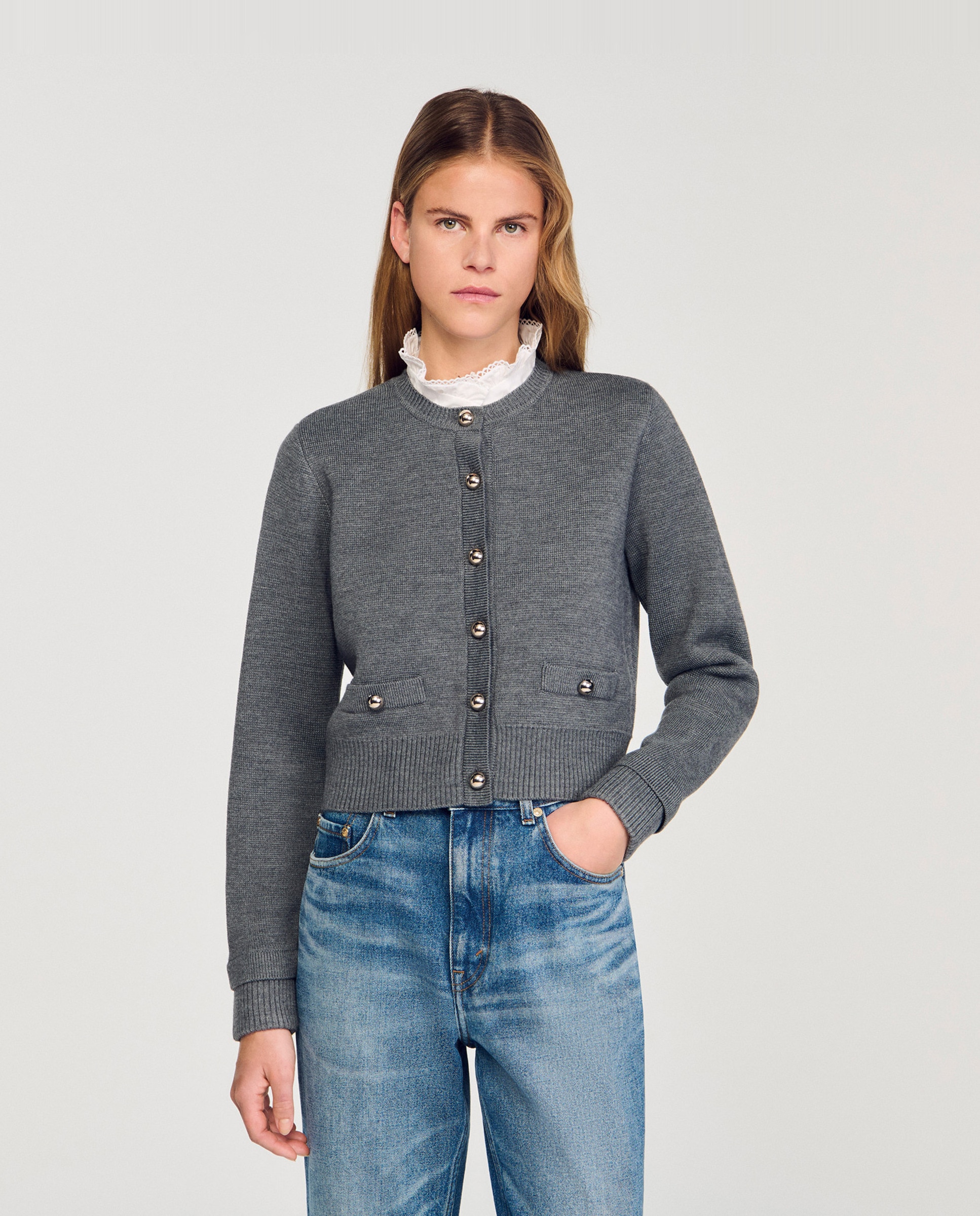 Cárdigan Corto De Punto Para Mujer FindThy - Cuello Redondo, Botones, Gris, Talla L