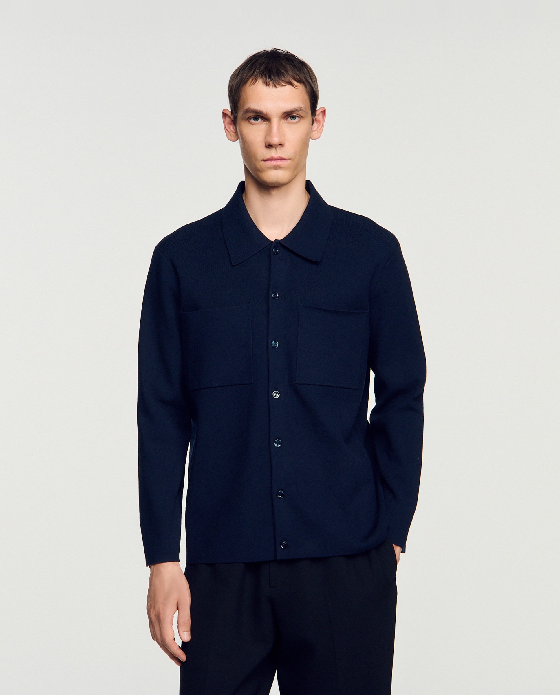 Cárdigan de hombre de punto fino cuello camisa - Sandro - Azul marino Azul marino-1