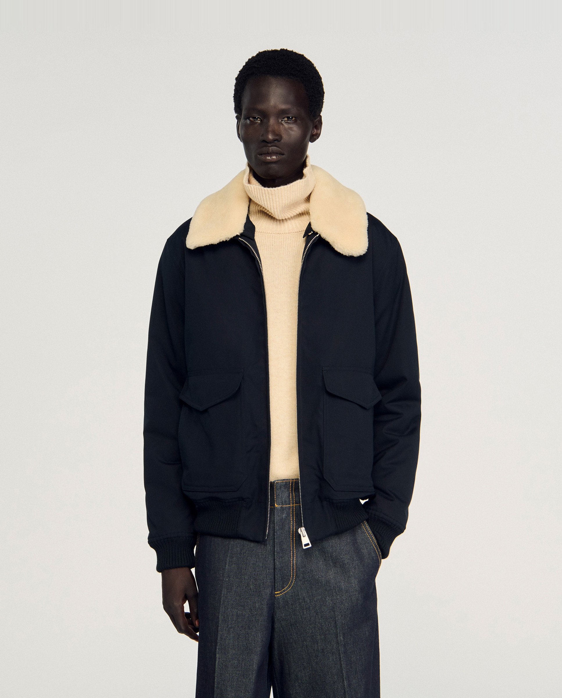 Sandro - Cazadora bomber de hombre aviador con cuello borreguito desmontable.