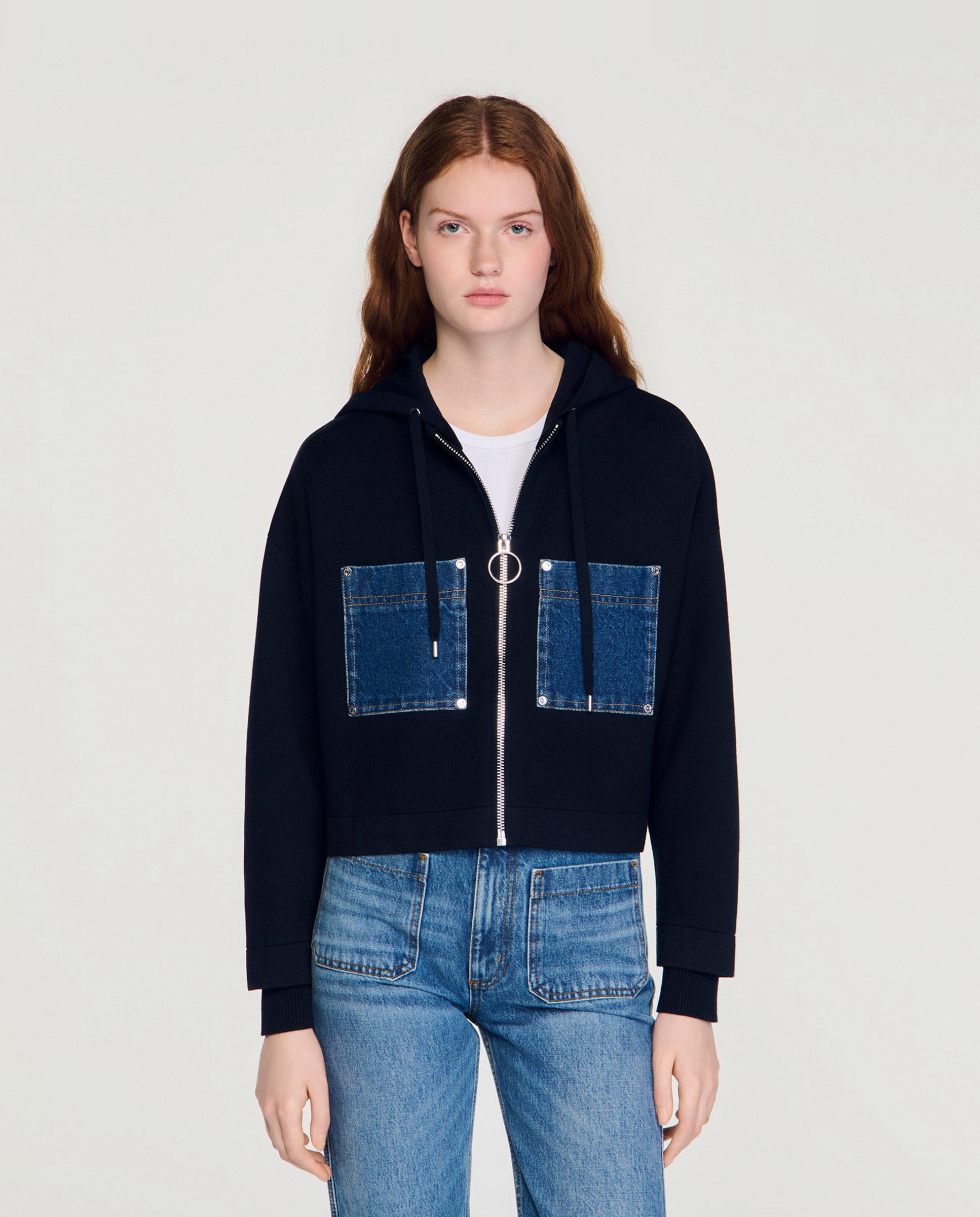 Sandro - Sudadera de punto mixto denim con cremallera de mujer con capucha.