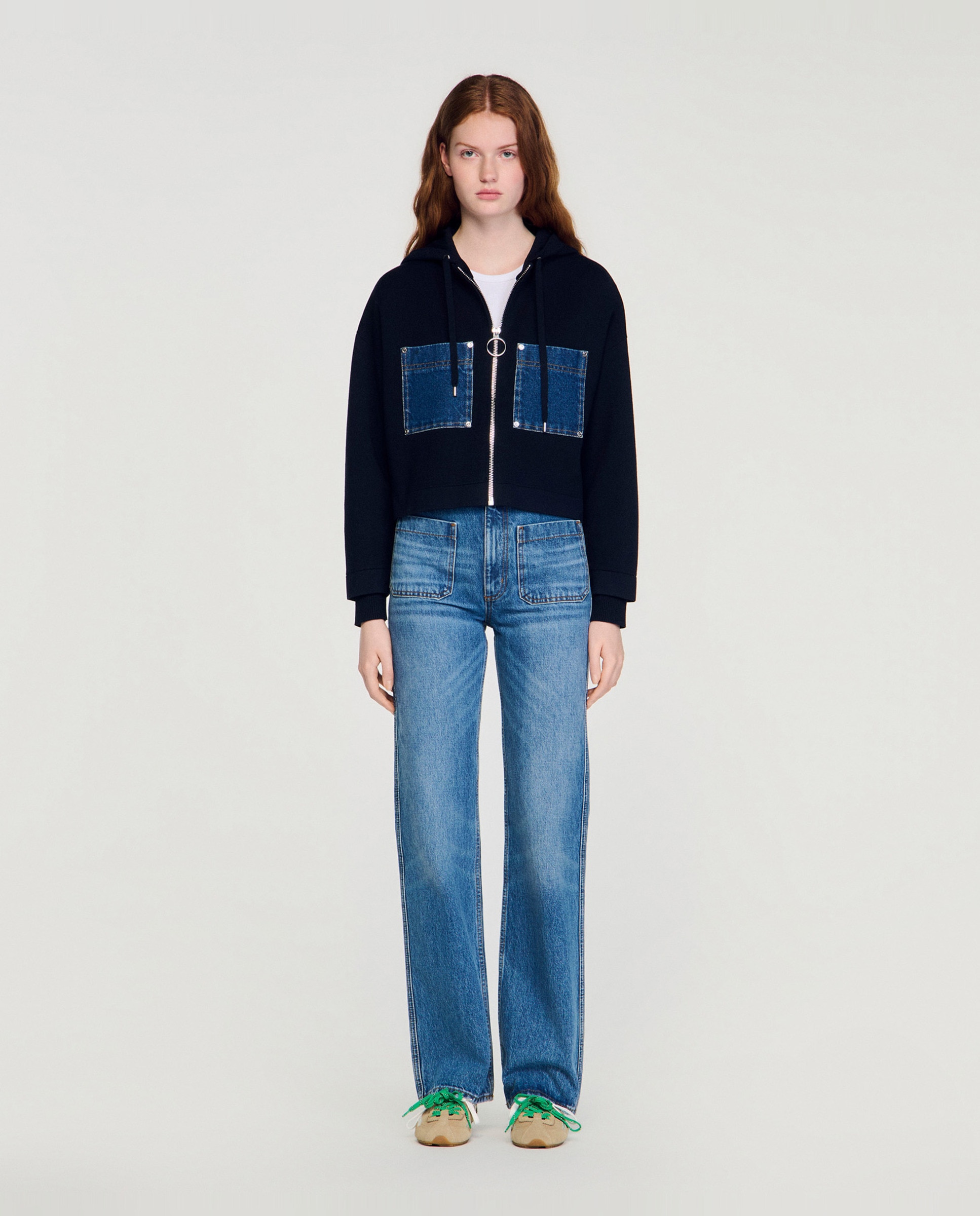 Sudadera de punto mixto denim con cremallera de mujer con capucha - Sandro - Azul marino Azul marino-3