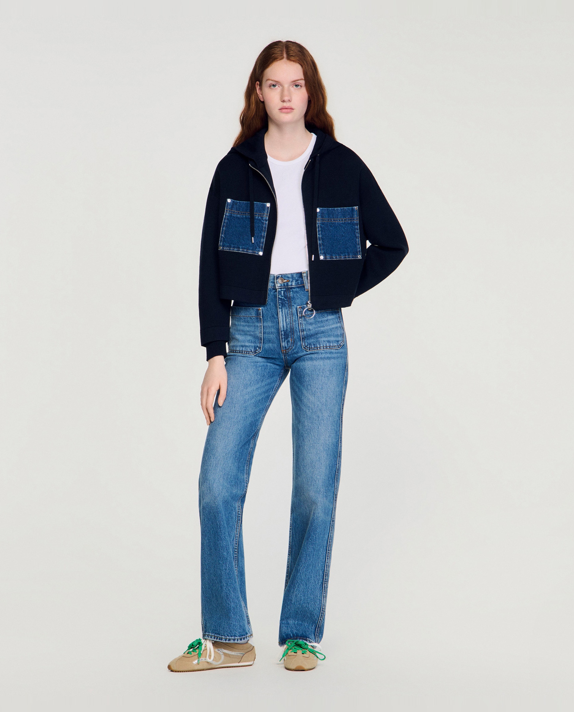 Sudadera de punto mixto denim con cremallera de mujer con capucha - Sandro - Azul marino Azul marino-4