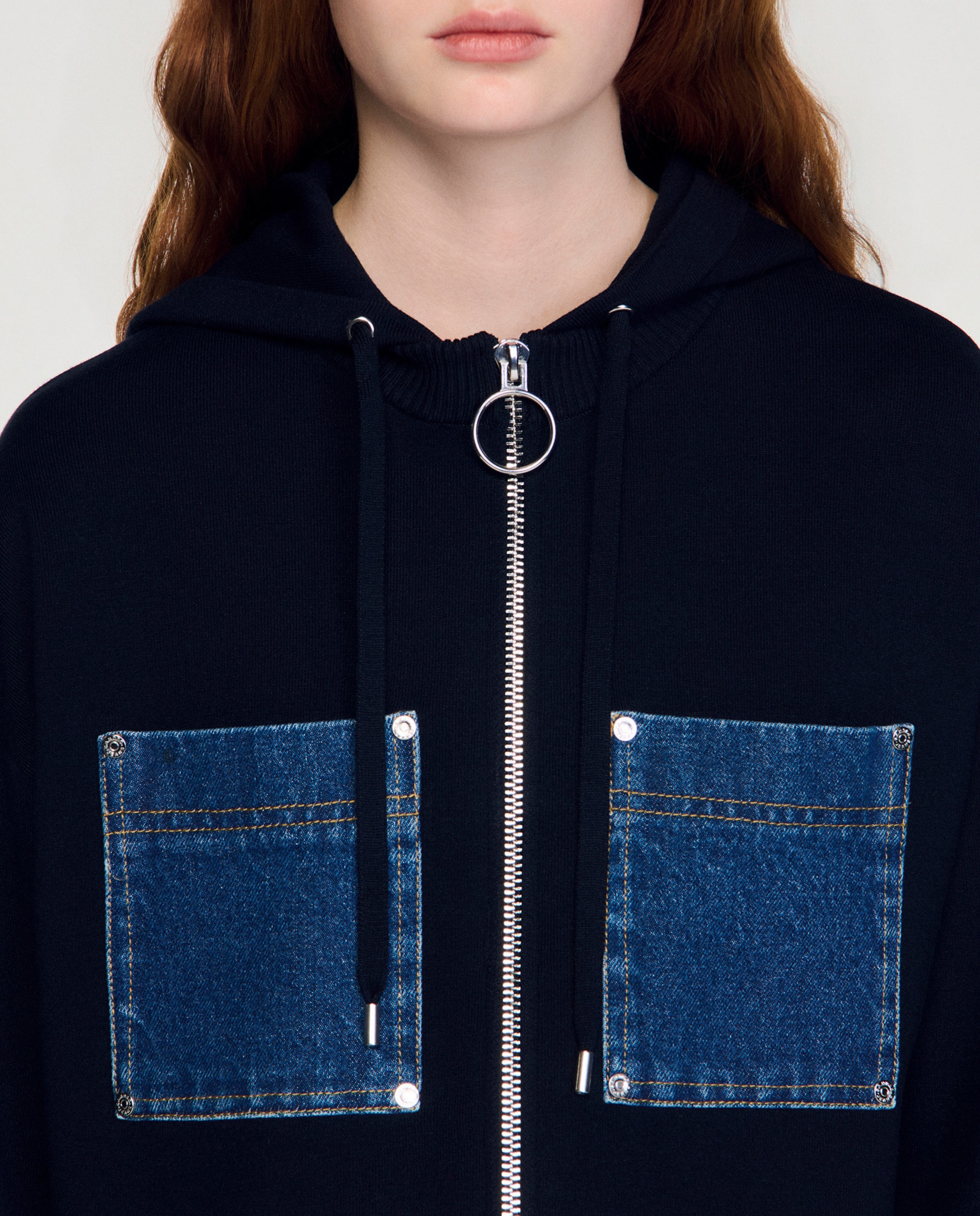 Sudadera de punto mixto denim con cremallera de mujer con capucha - Sandro - Azul marino Azul marino-5