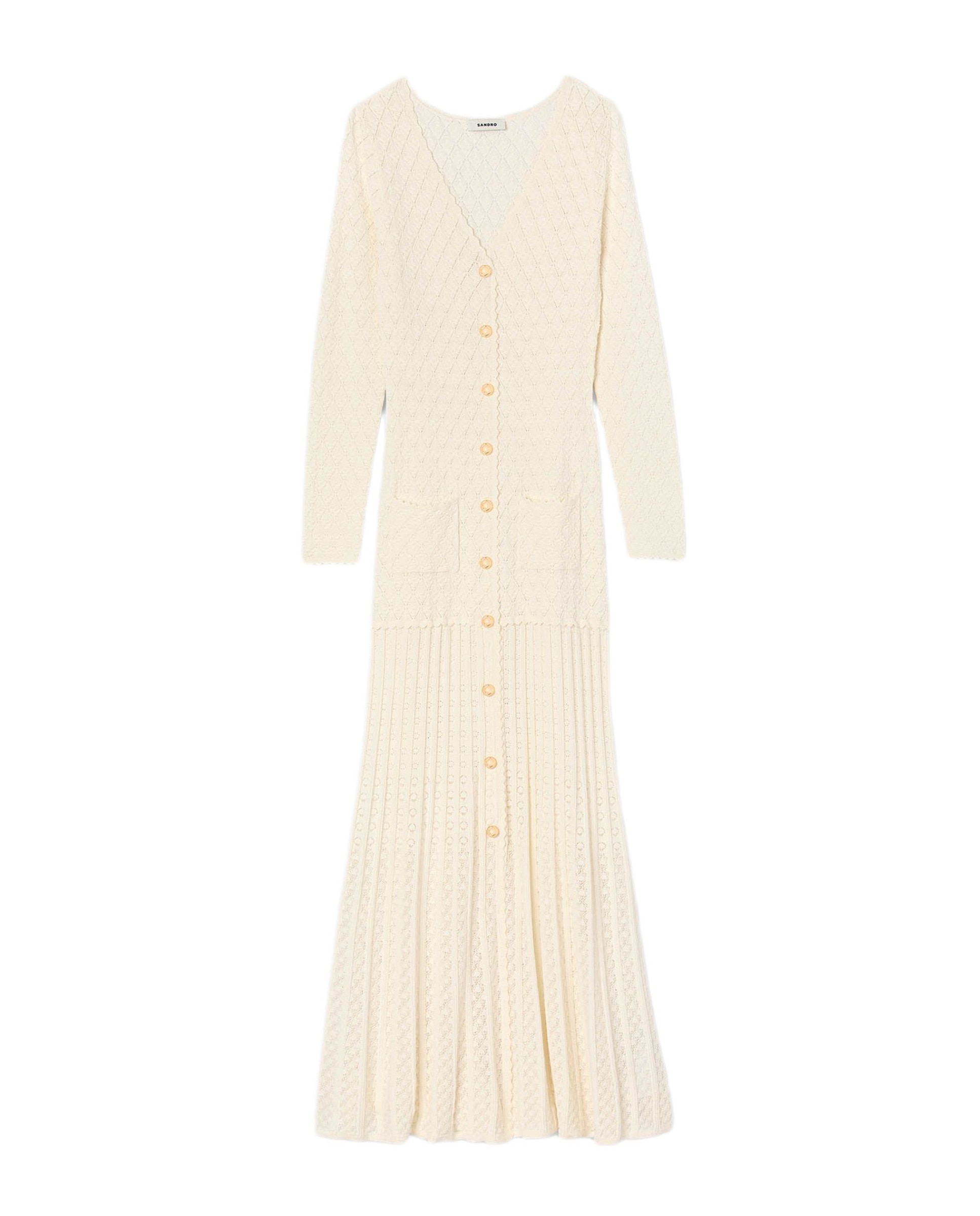 Vestido largo de punto de fantasía con cuello en v y bajo acampanado - Sandro - Blanco Blanco-6