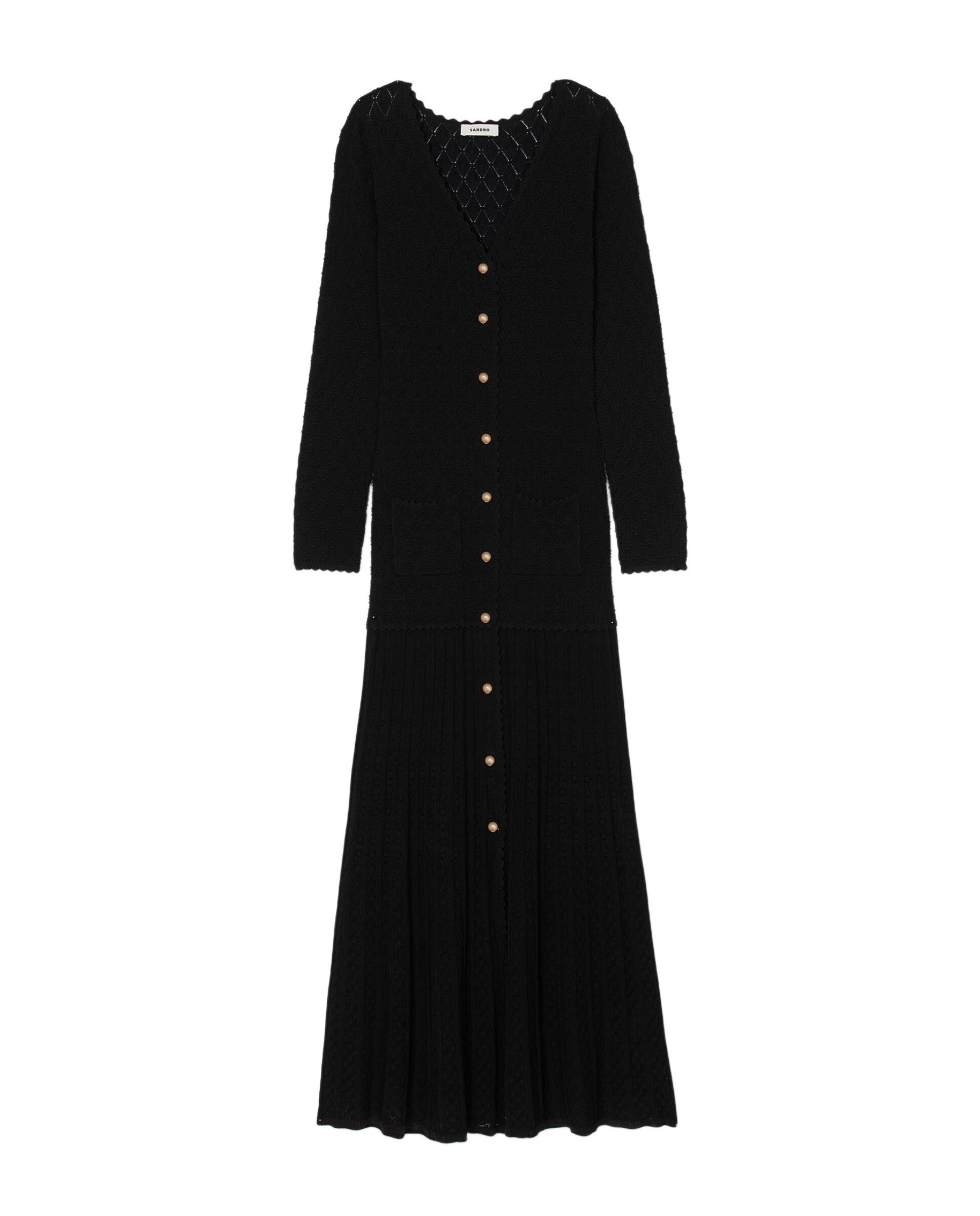 Vestido largo de punto de fantasía con cuello en v y bajo acampanado - Sandro - Negro Negro-6