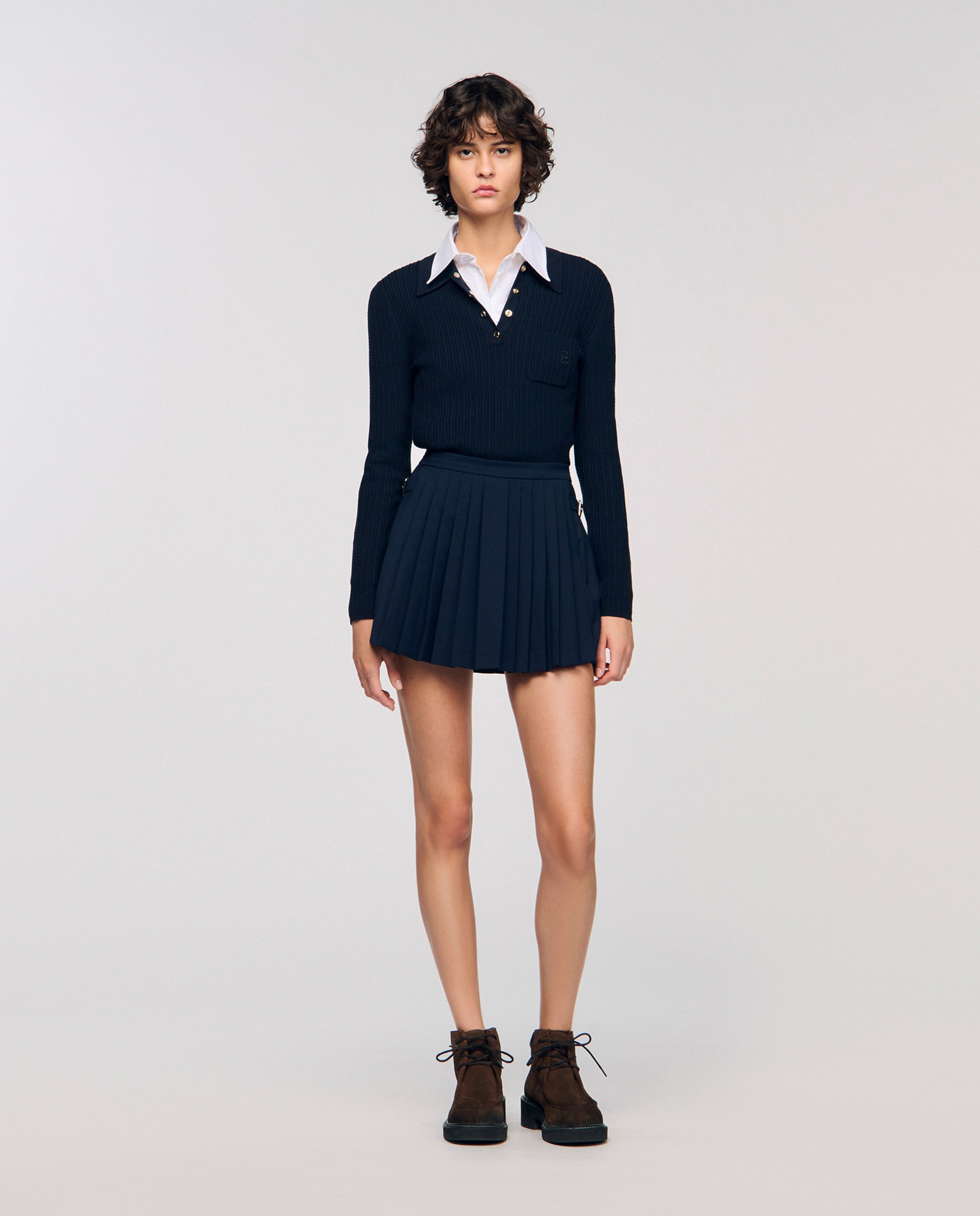 Falda pantalón de lana virgen con pliegues, talle alto y hebillas metálicas - Sandro - Azul marino Azul marino-4