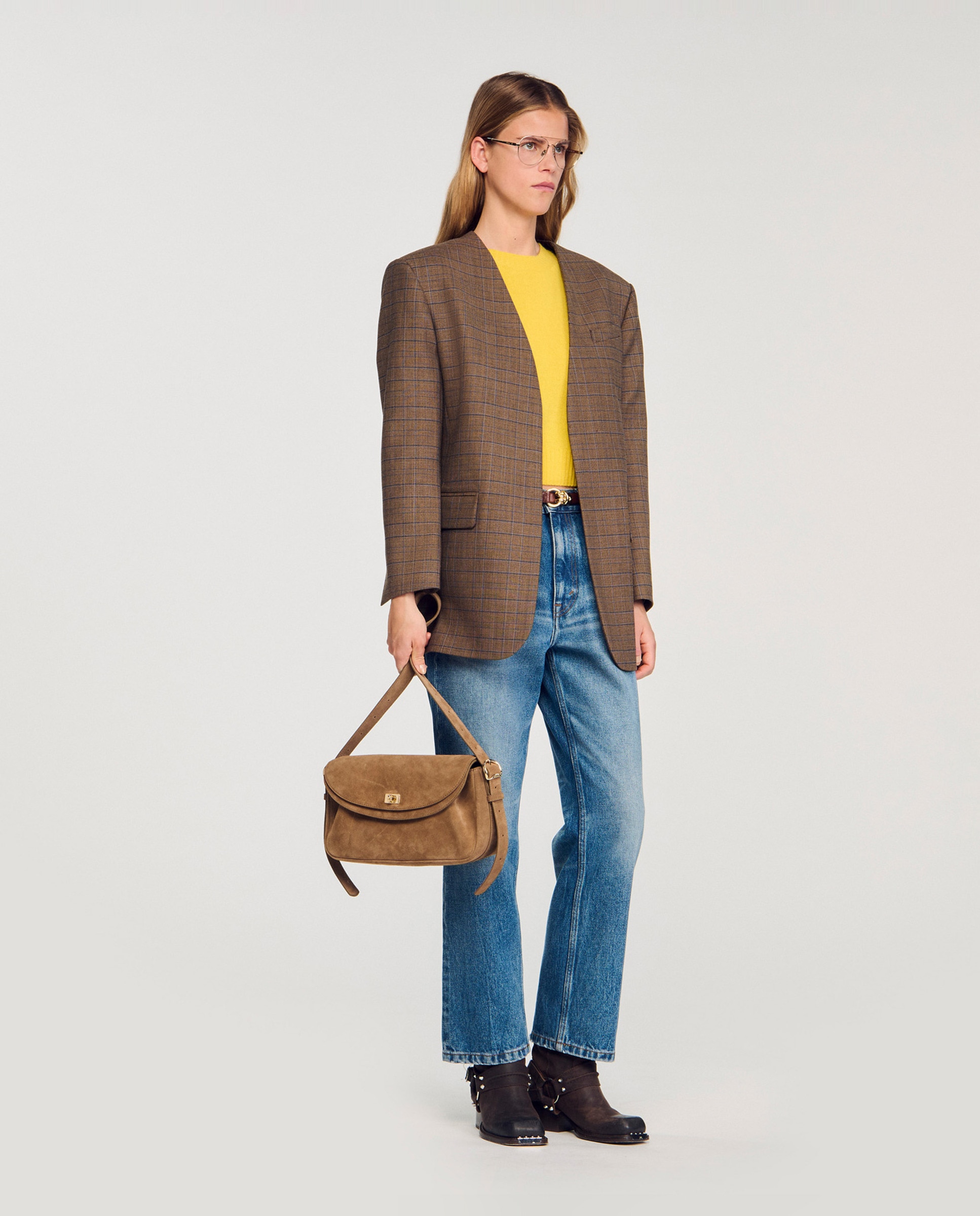 Bandolera de ante, solapa doble con cierre giratorio y diseño versátil - Sandro - Beige Beige-3