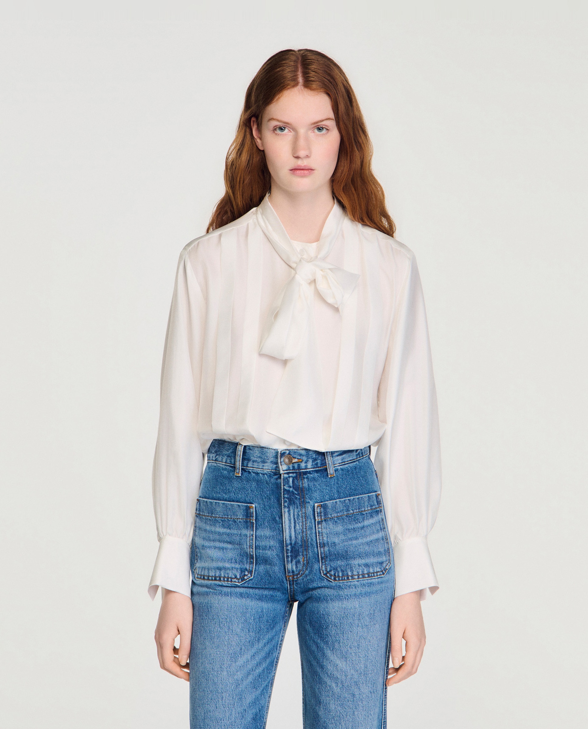 Camisa de mujer con seda y cuello lavallière - Sandro - Blanco Blanco-1