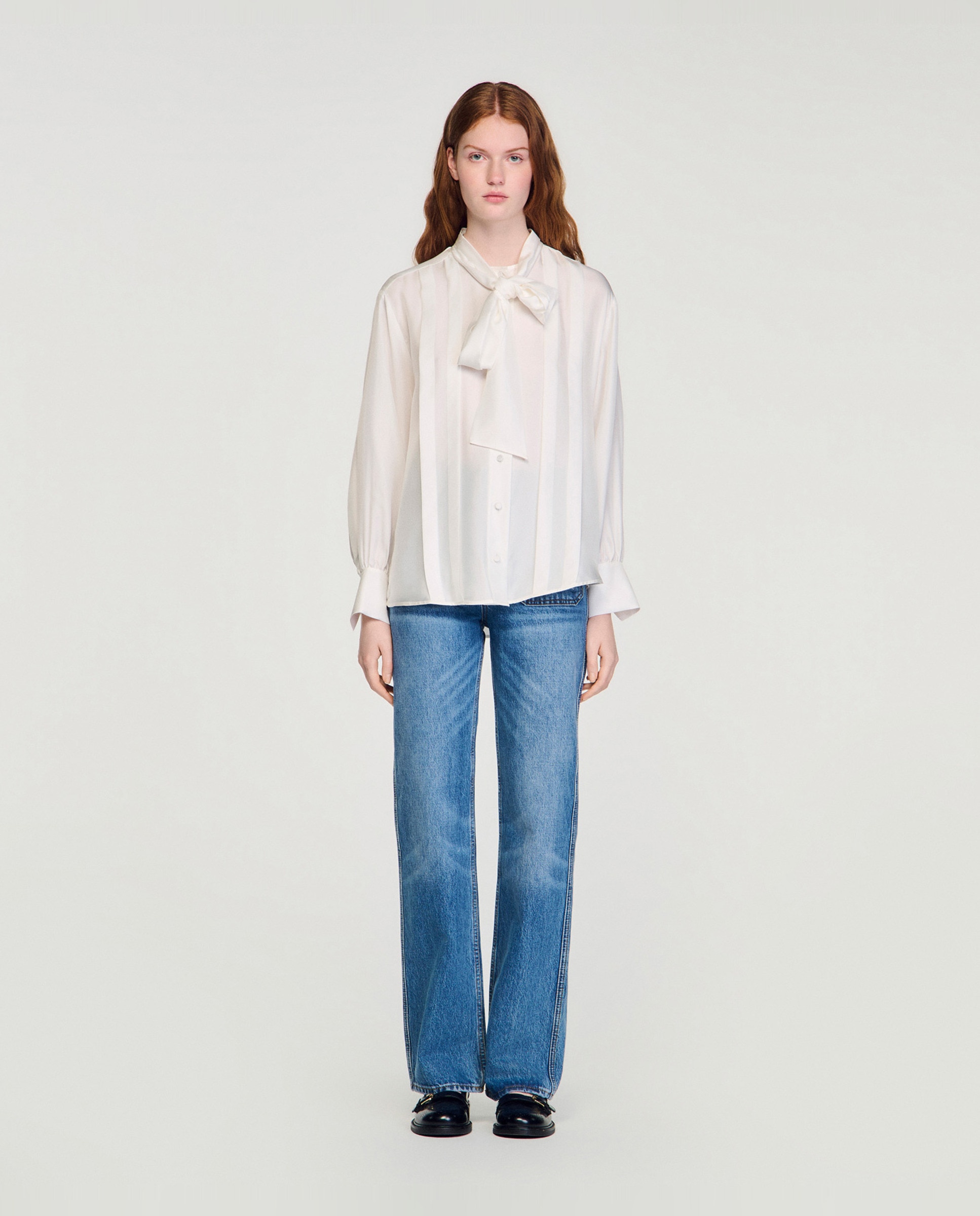 Camisa de mujer con seda y cuello lavallière - Sandro - Blanco Blanco-3