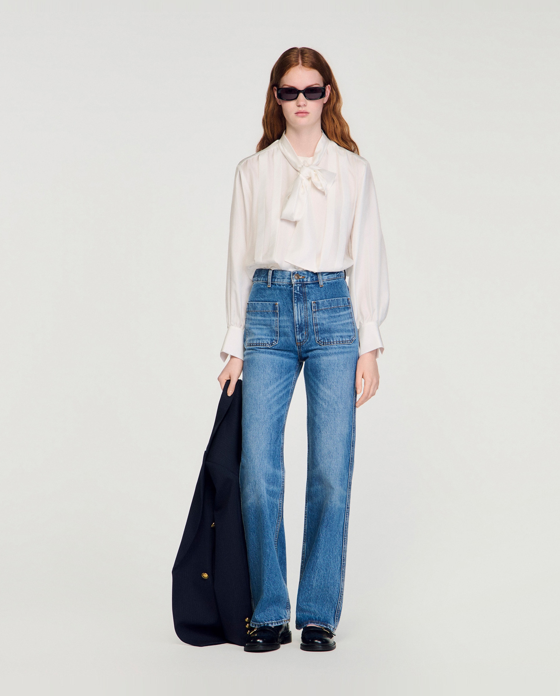 Camisa de mujer con seda y cuello lavallière - Sandro - Blanco Blanco-4