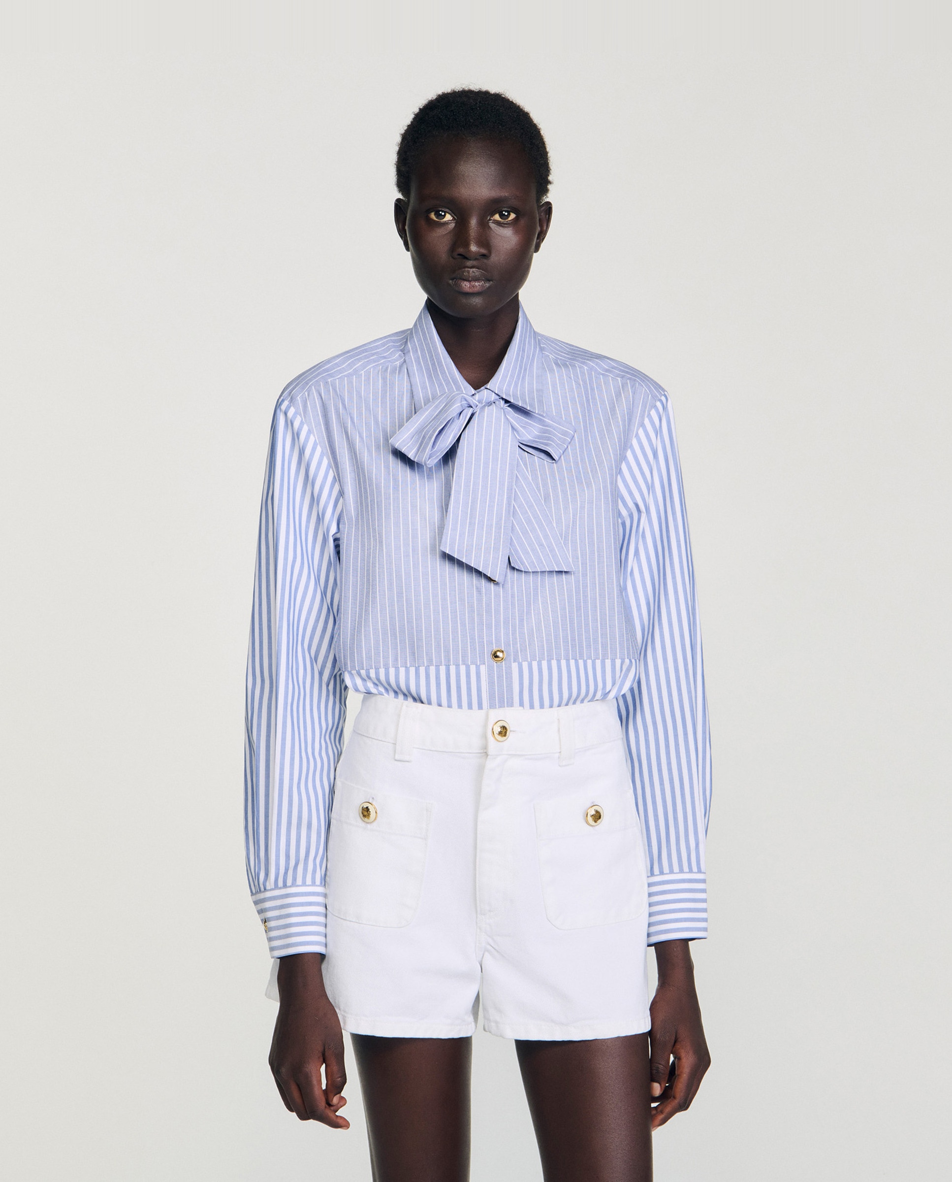 Sandro - Camisa de mujer a rayas con corbata desmontable 100% algodón.