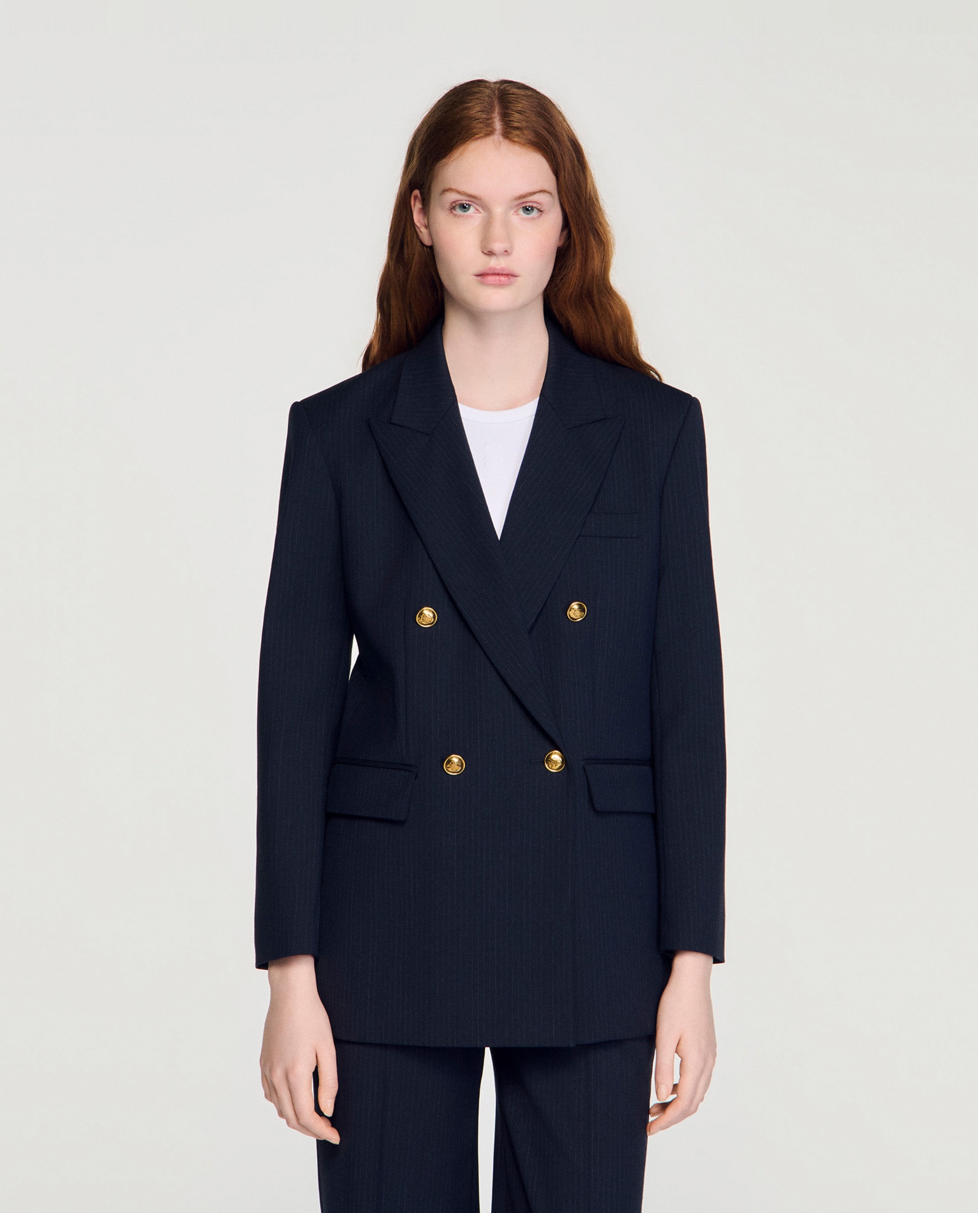 Sandro - Chaqueta de traje de mujer de rayas finas, entallada y cruzada.