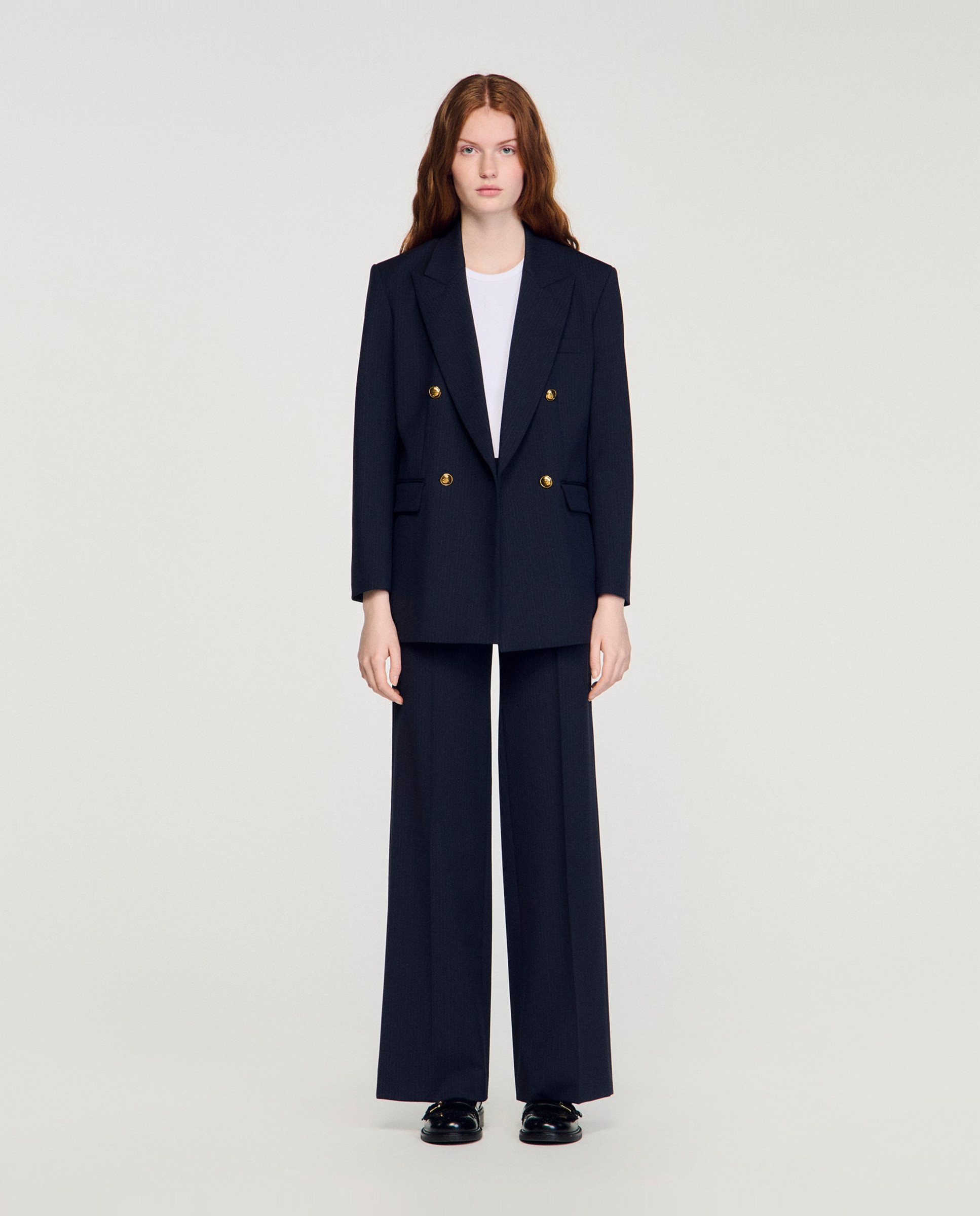 Chaqueta de traje de mujer de rayas finas, entallada y cruzada - Sandro - Azul marino Azul marino-3