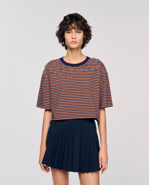 Imagen 0 de Camiseta de mujer a rayas y strass