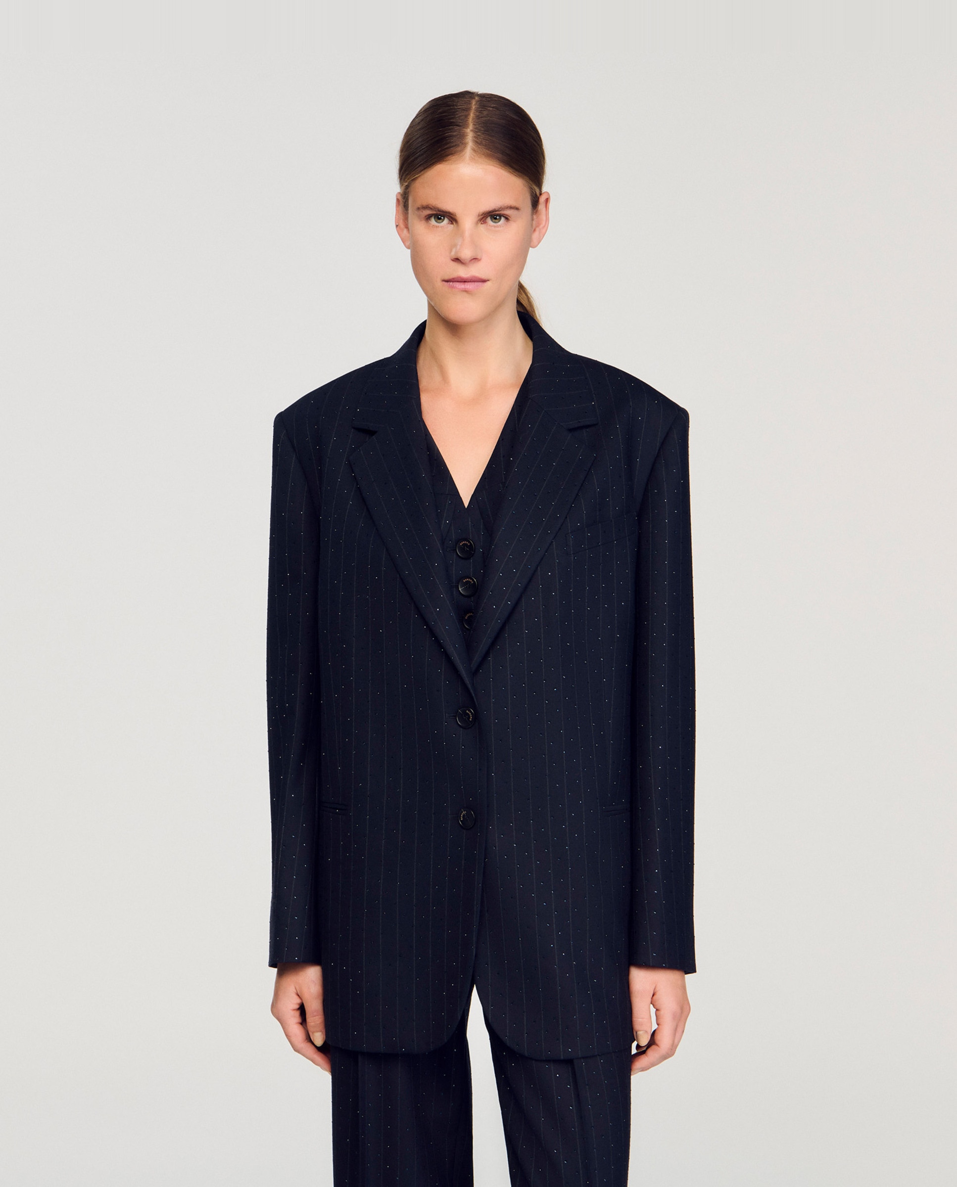 Chaqueta de traje de mujer con rayas y strass