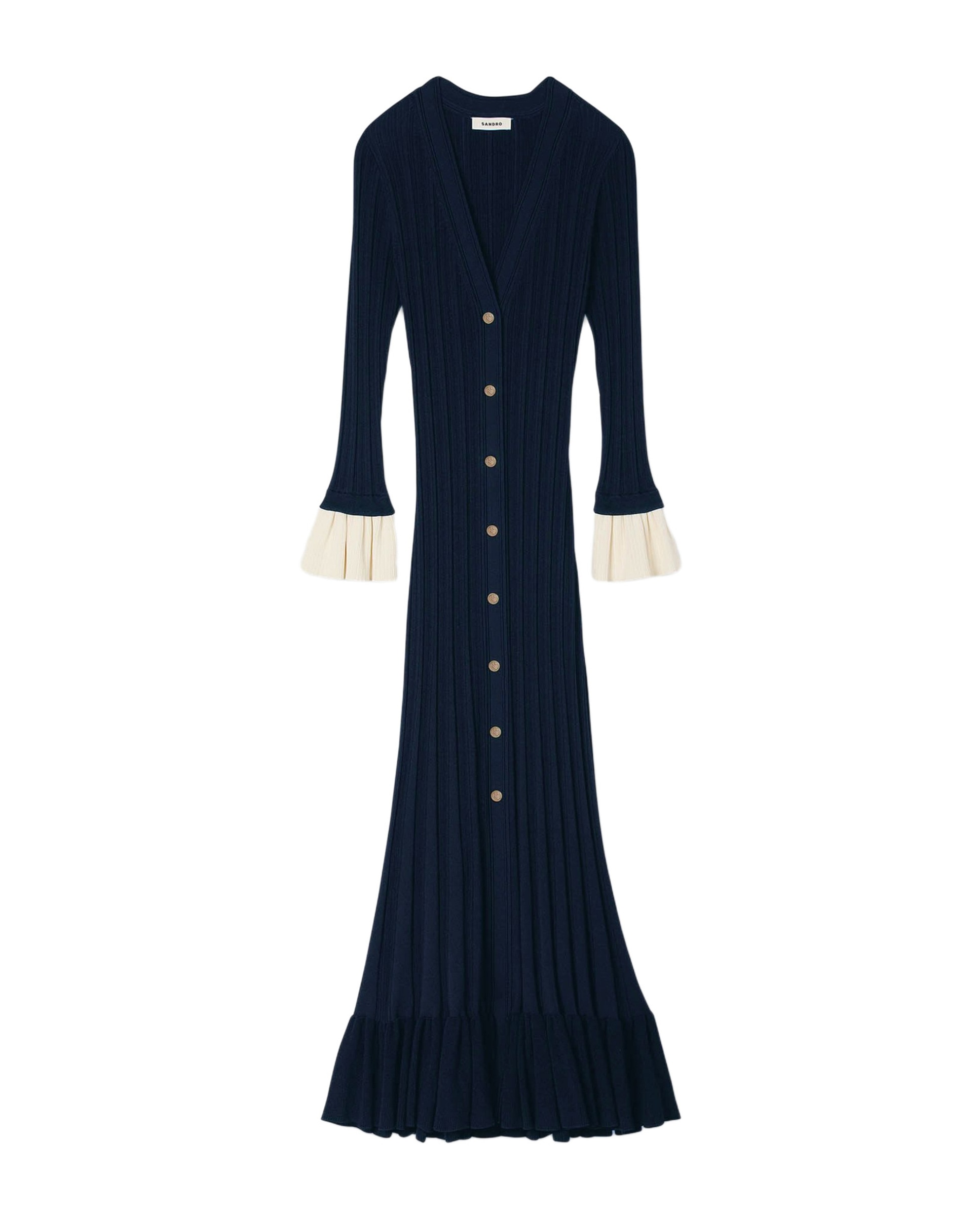 Vestido largo de punto con escote pico y volantes de contraste - Sandro - Azul marino Azul marino-6