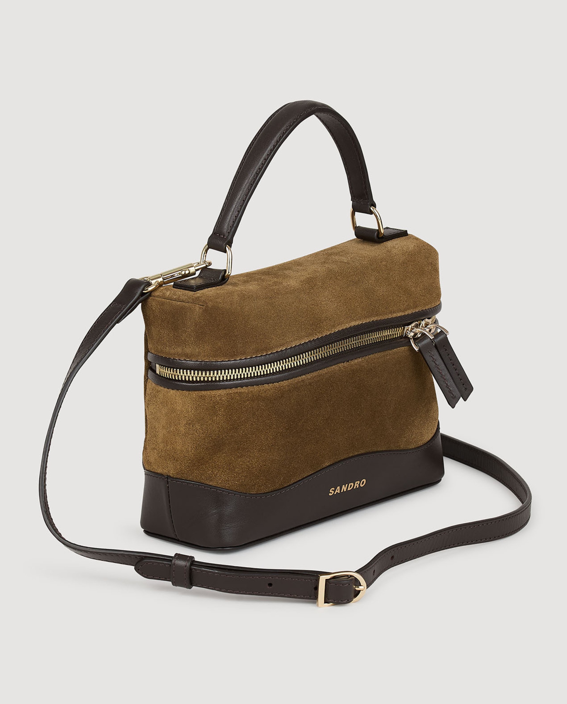 Bandolera mini de mujer vanity de cuero y ante con cierre de cremallera y multiposición - Sandro - Camel Camel-3