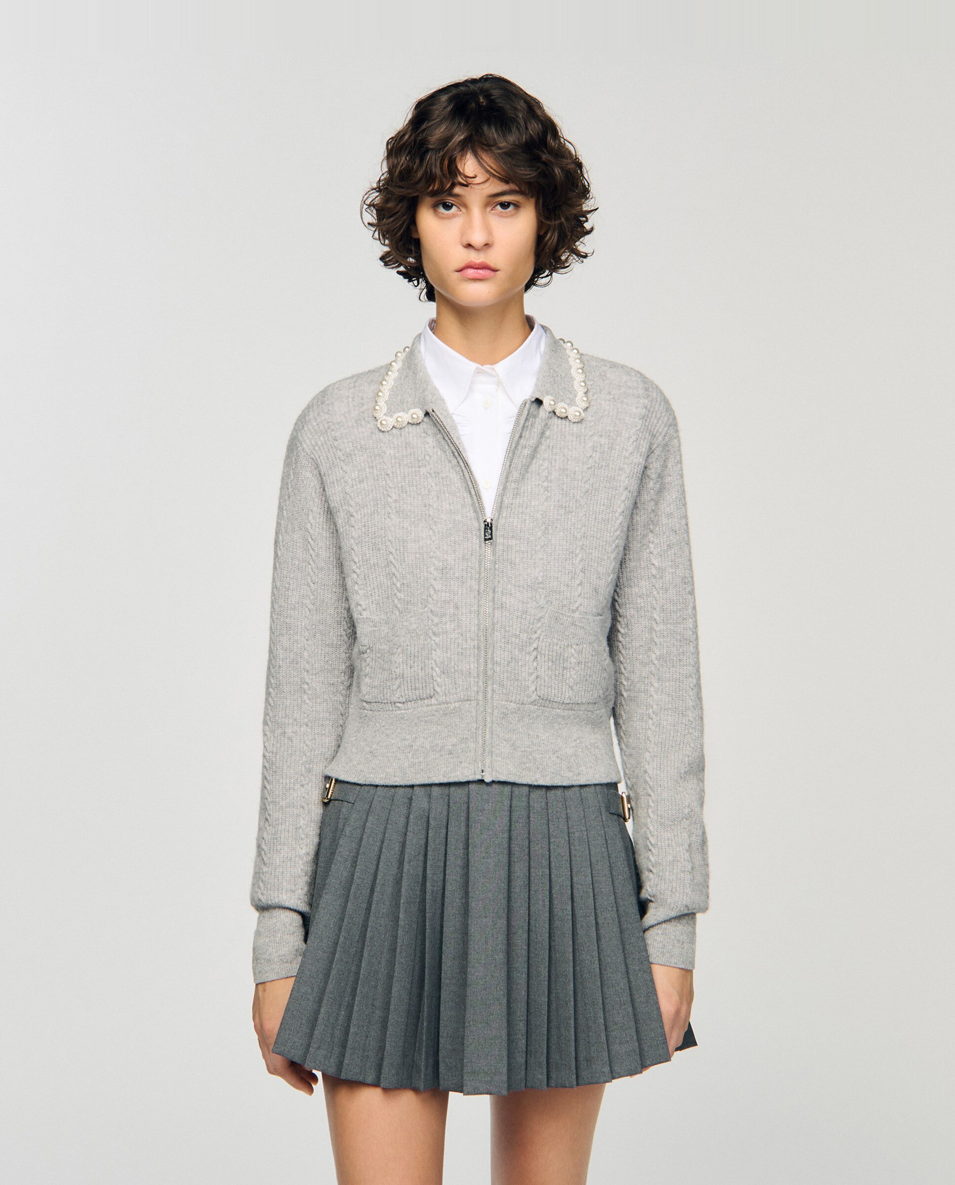 Cárdigan de punto con cremallera de mujer trenzado y cuello camisa perlas