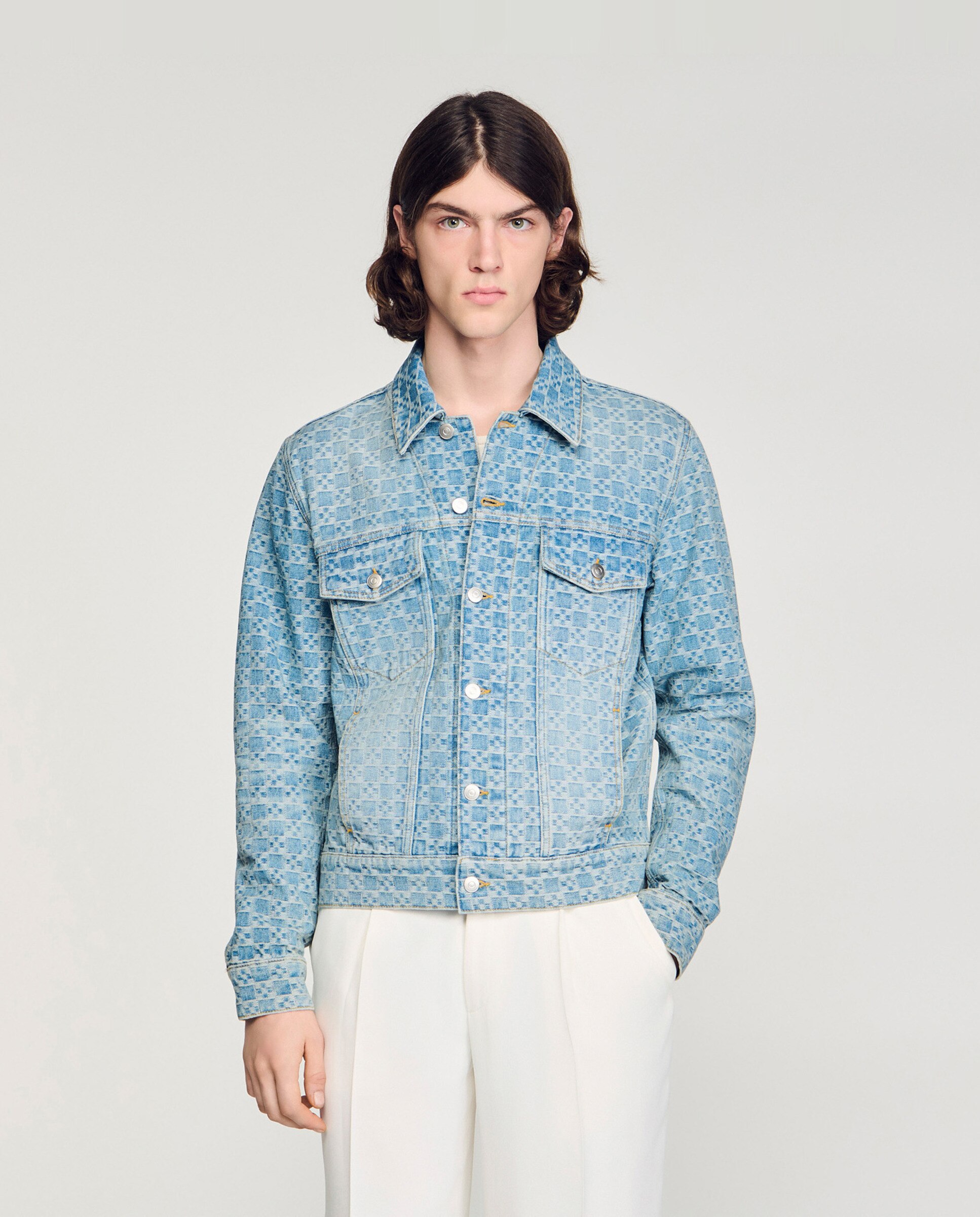 Imagen 0 de Cazadora de hombre vaquera jacquard Square Cross desgastada Azul claro