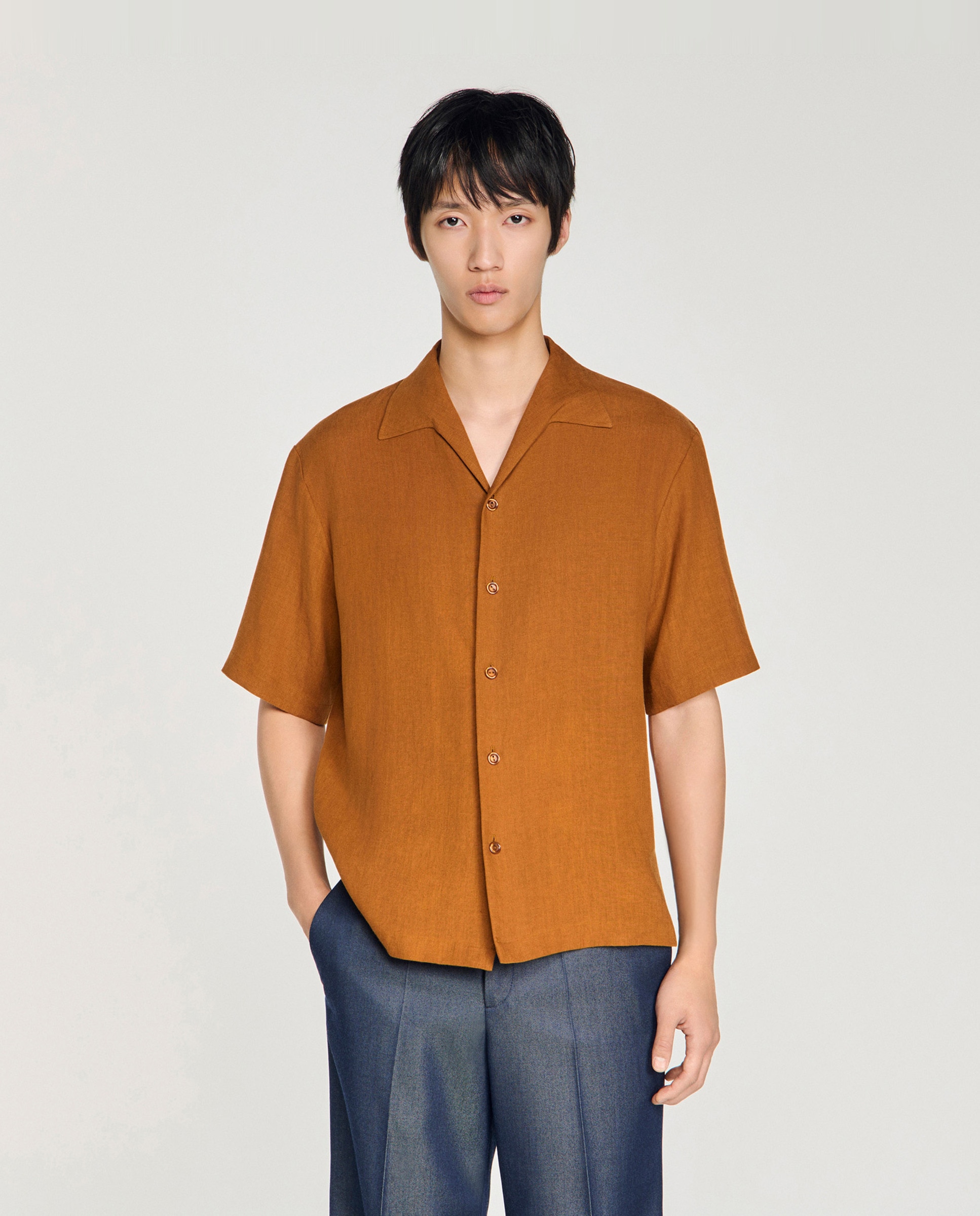 Camisa de lino de hombre corte recto lisa - Sandro - Marrón Marrón-1