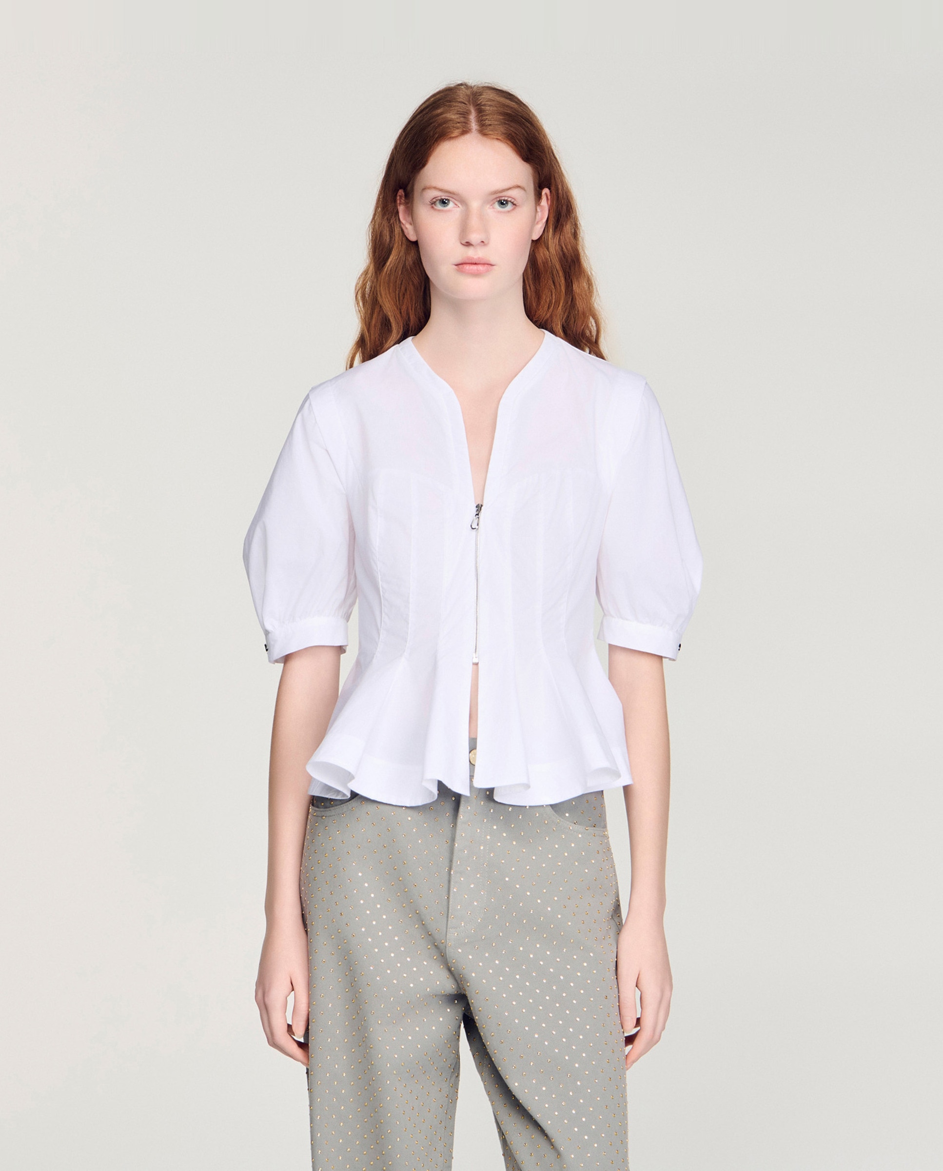 Sandro - Camisa de mujer 100% algodón con peplo y cremallera.