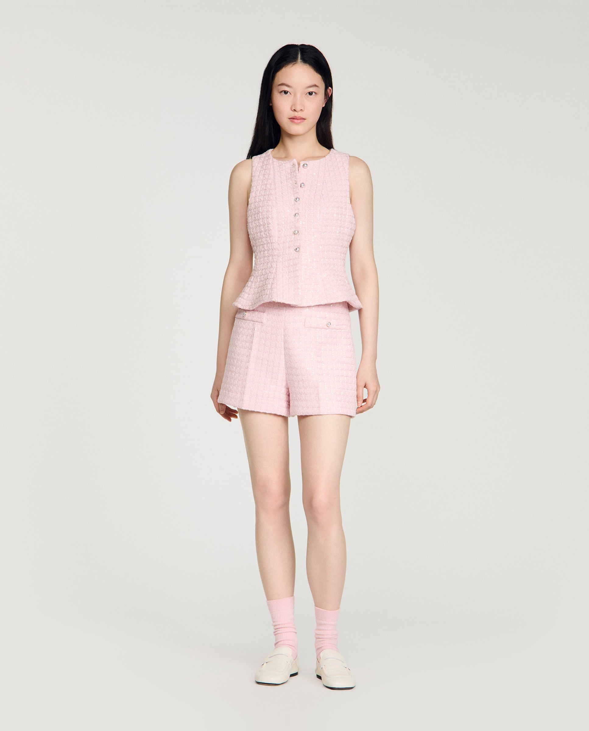 Sandro - Short de mujer de tweed con cuadros y lentejuelas.