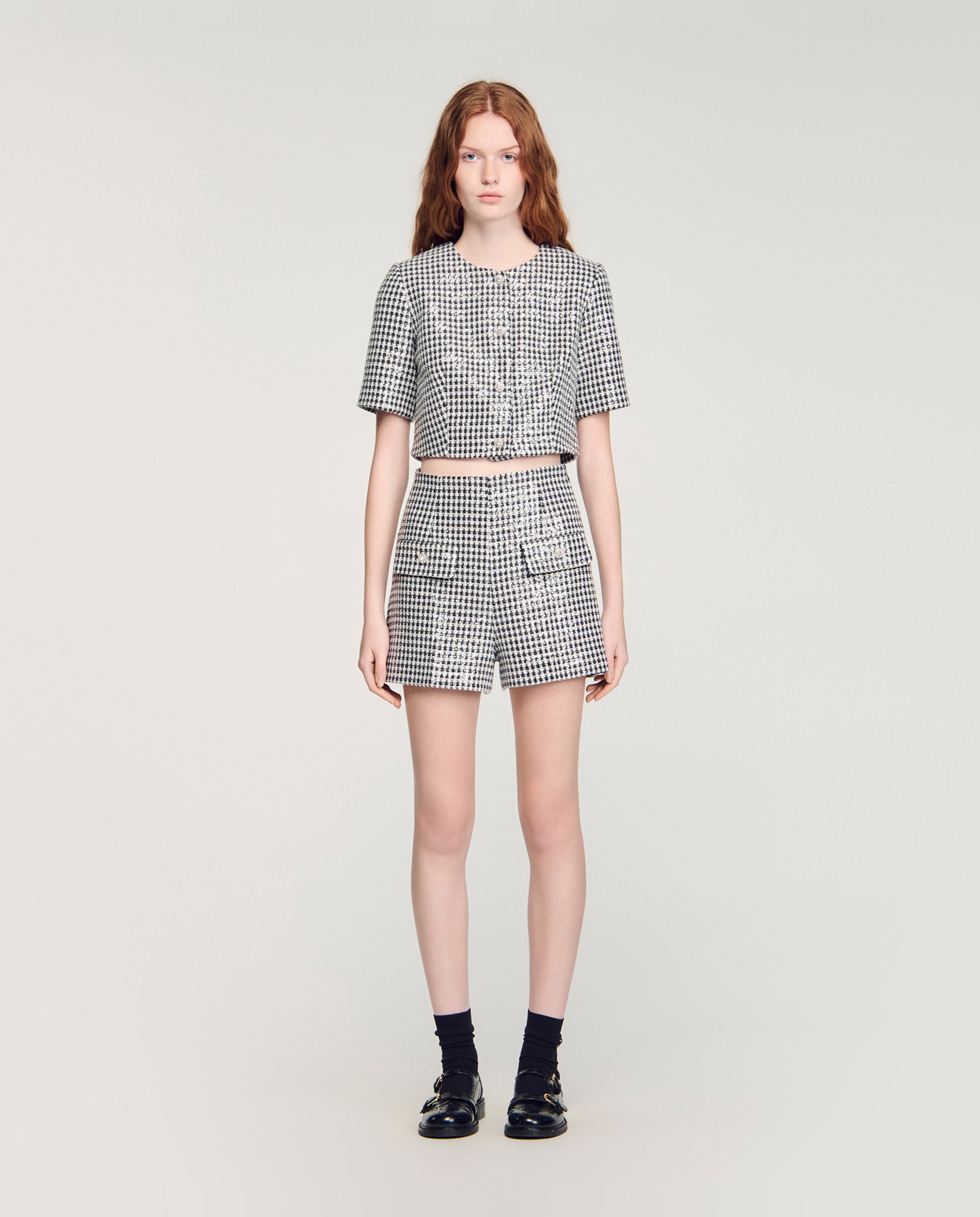 Sandro - Short de mujer corto de talle alto de tweed con lentejuelas y pata de gallo.