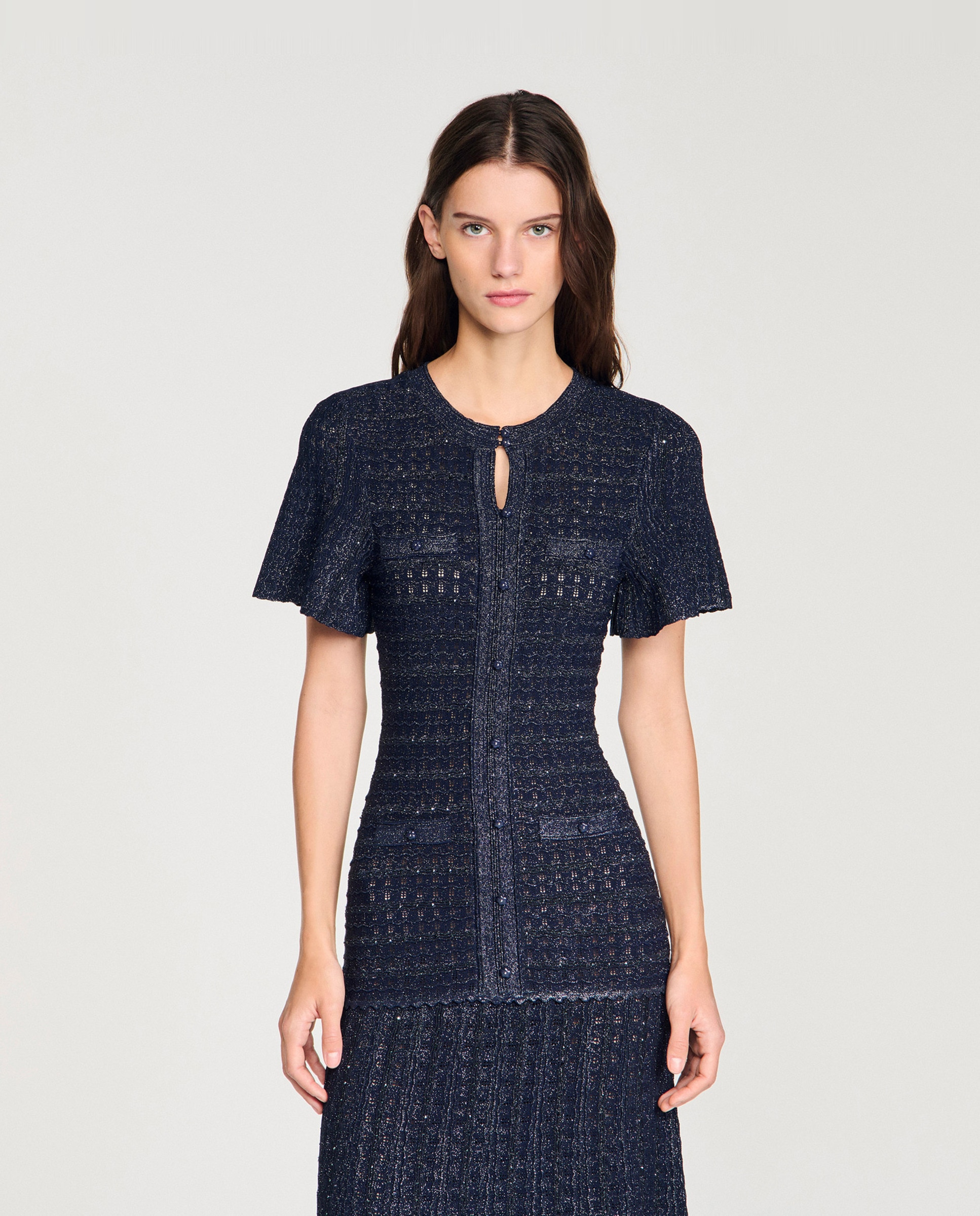 Vestido largo de punto texturizado con strass - Sandro - Azul marino Azul marino-3