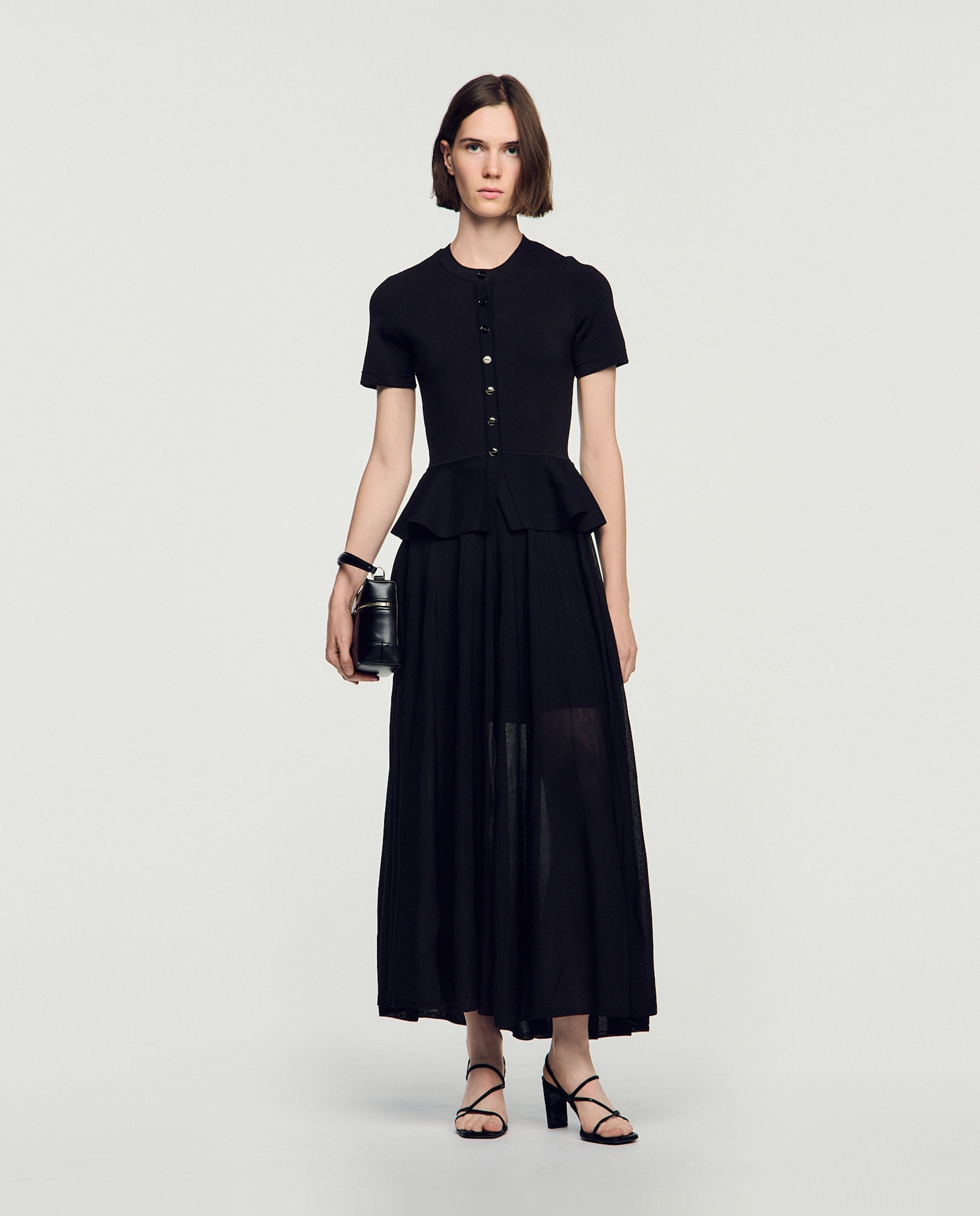 Vestido largo 2 en 1 de punto con peplum - Sandro - Negro Negro-4