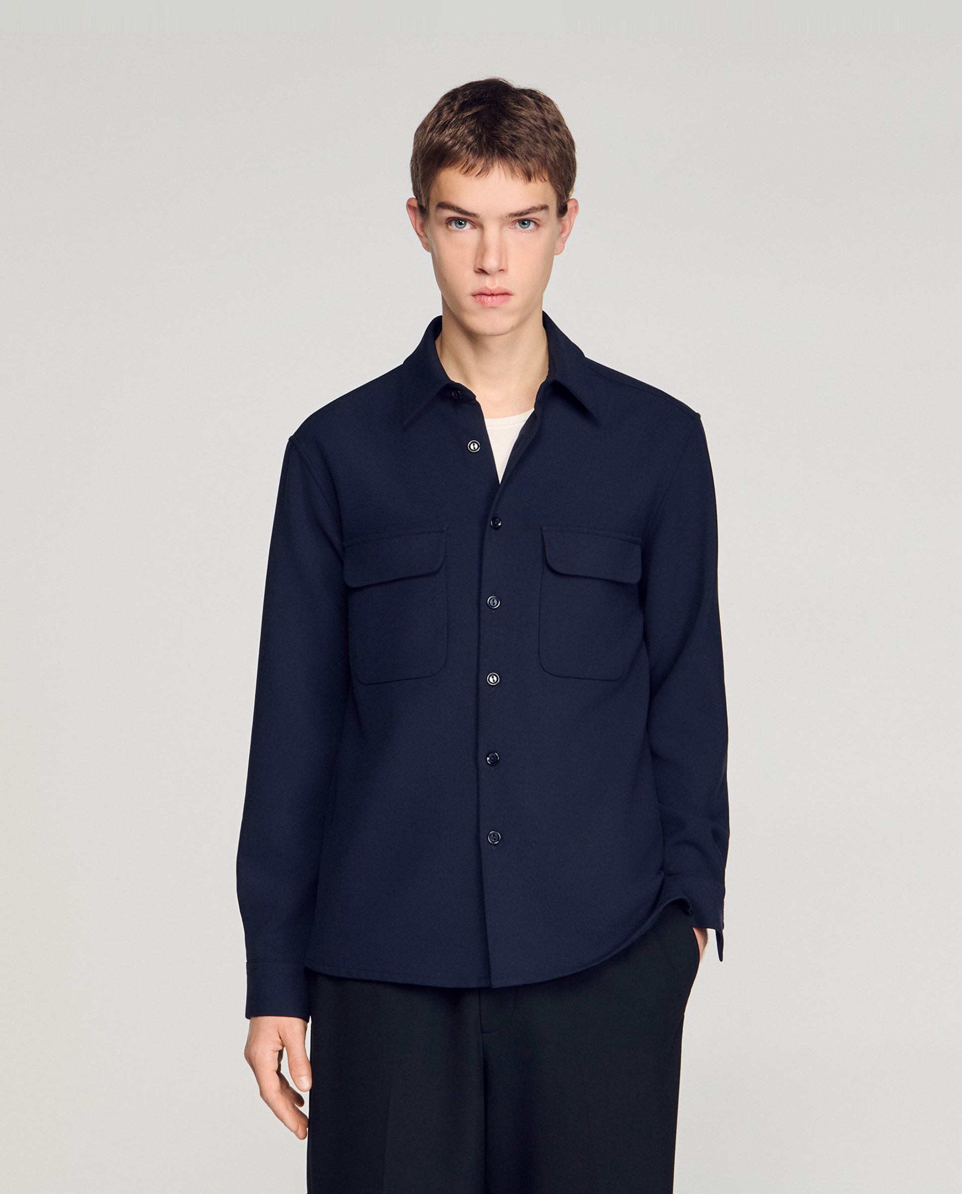 Sobrecamisa de hombre con bolsillos de parche y manga larga - Sandro - Azul marino Azul marino-1