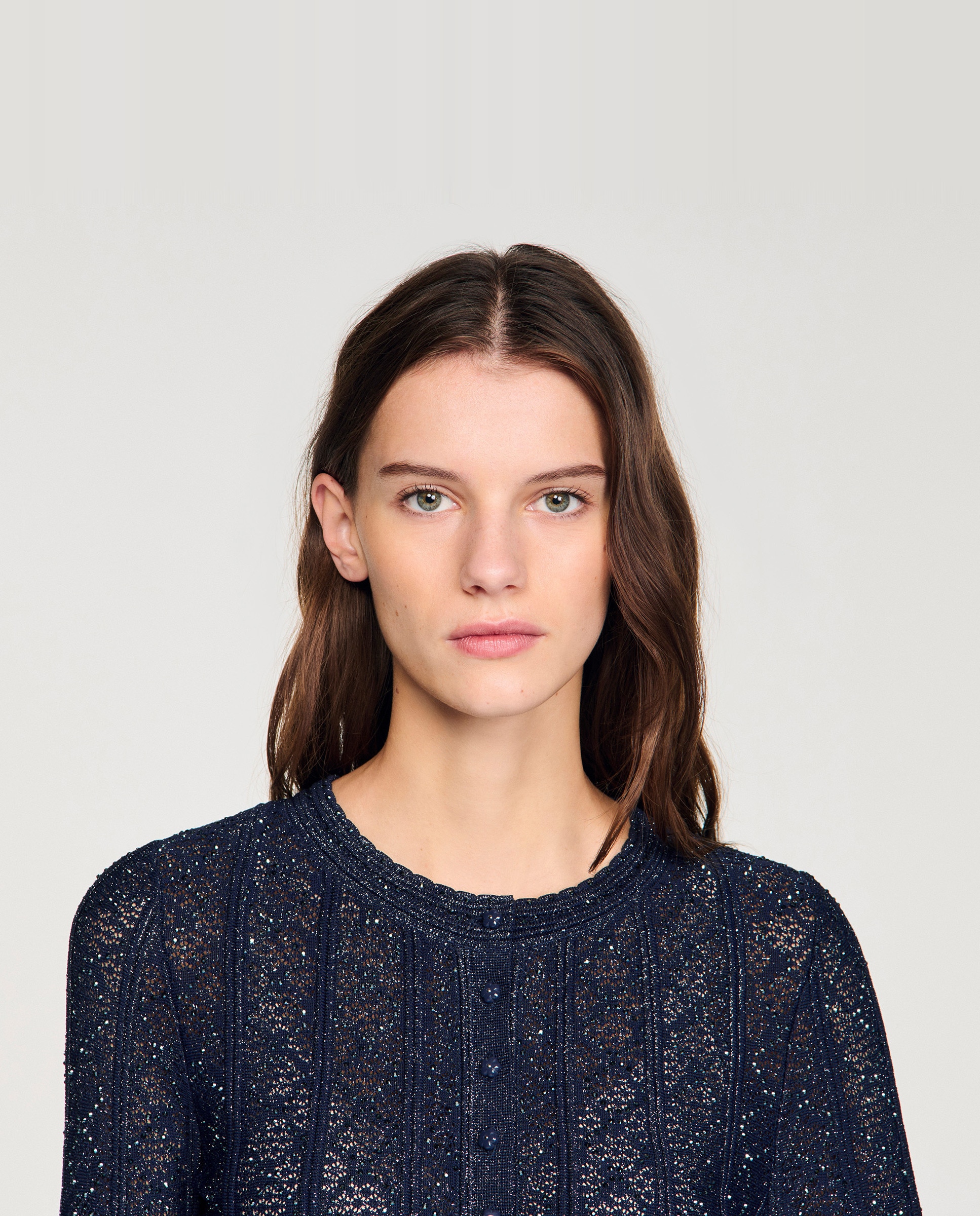 Cárdigan de punto de mujer corto con strass y sin cuello - Sandro - Azul marino Azul marino-5