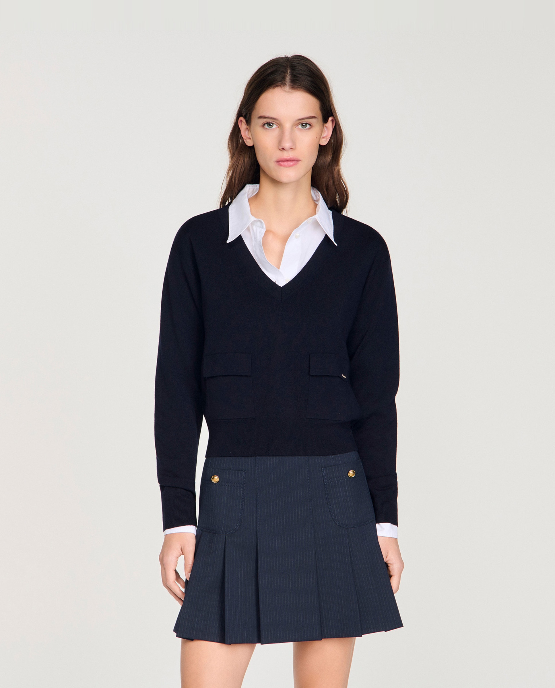 Sandro - Jersey de mujer 100% lana con cuello pico y manga larga.