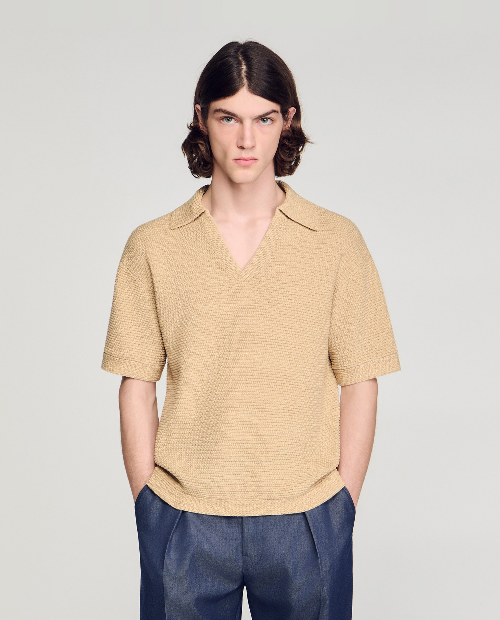 Sandro - Camiseta de hombre manga corta cuello pico efecto yute.