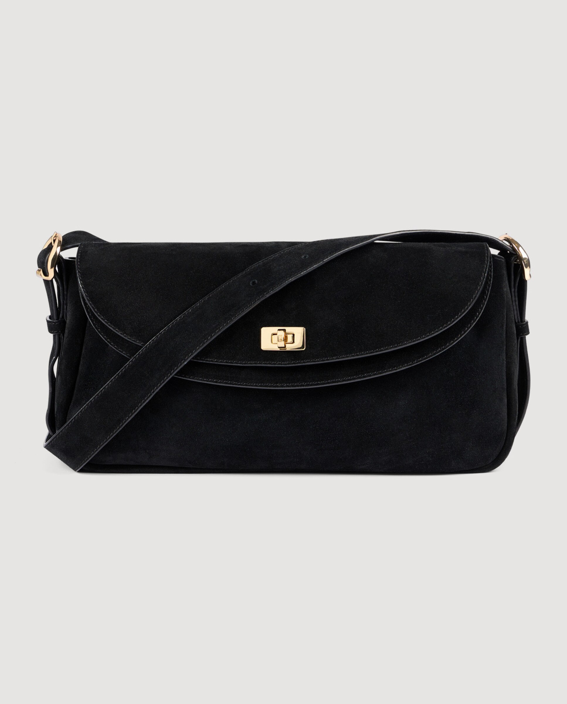 Bolso bandolera de ante con doble solapa y cierre giratorio - Sandro - Negro Negro-2