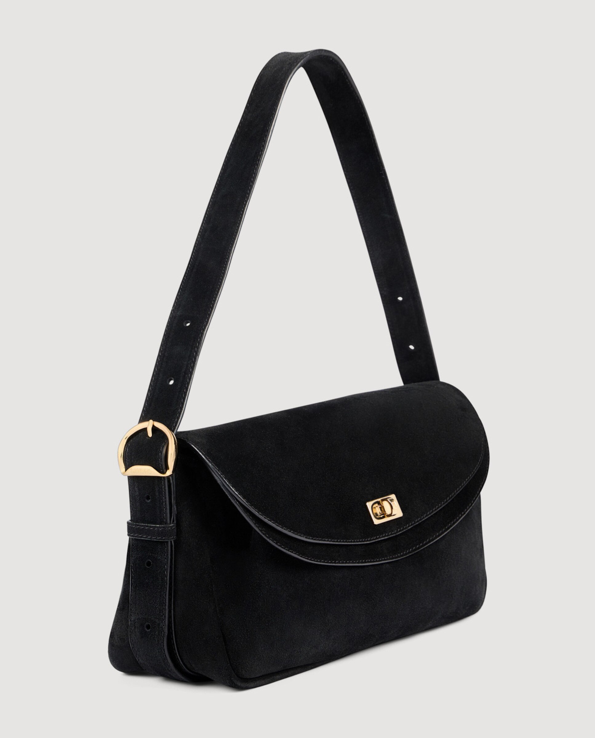 Bolso bandolera de ante con doble solapa y cierre giratorio - Sandro - Negro Negro-4