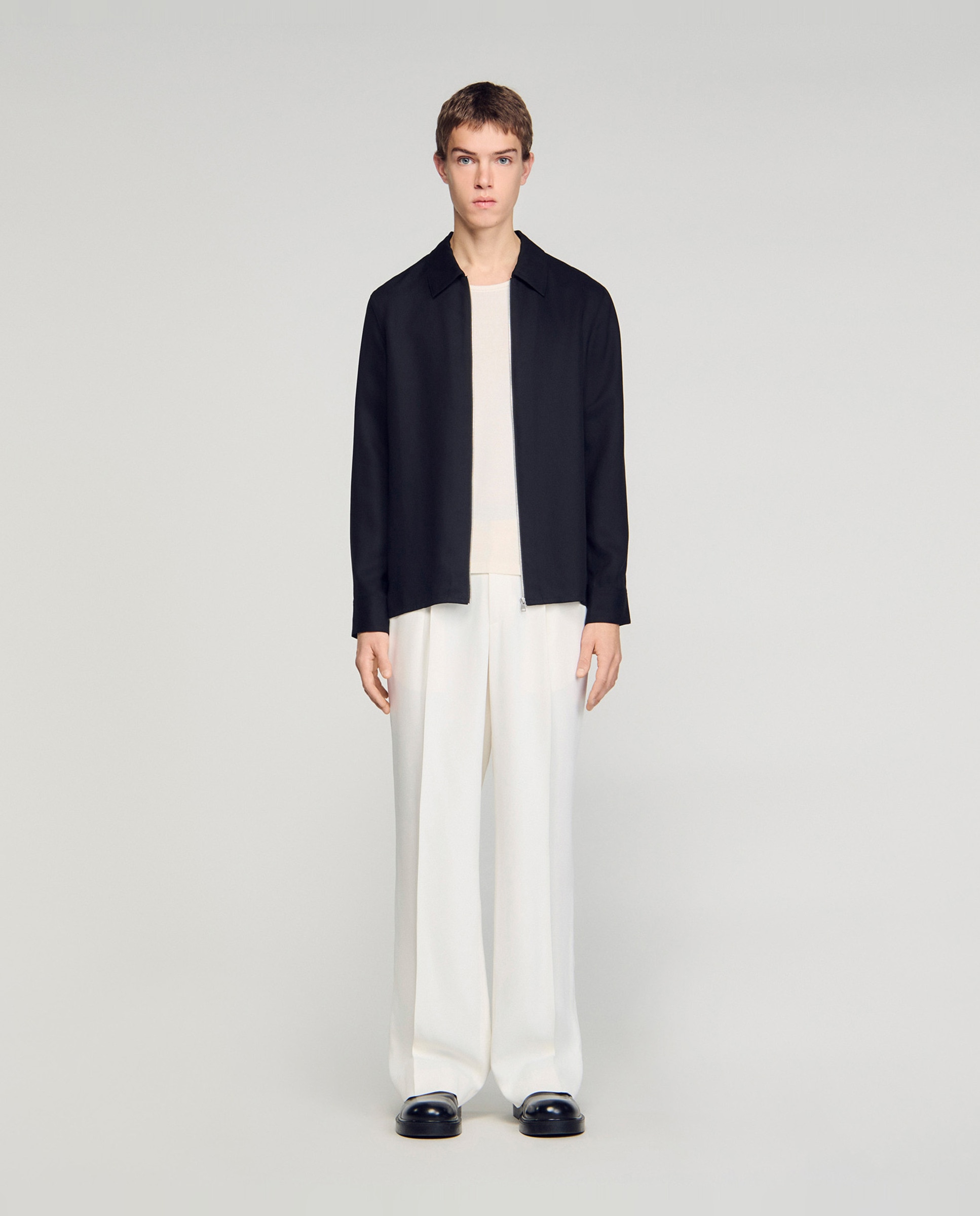 Camisa fluida de hombre corte clásico con cuello pajarita y cierre de cremallera - Sandro - Negro Negro-3