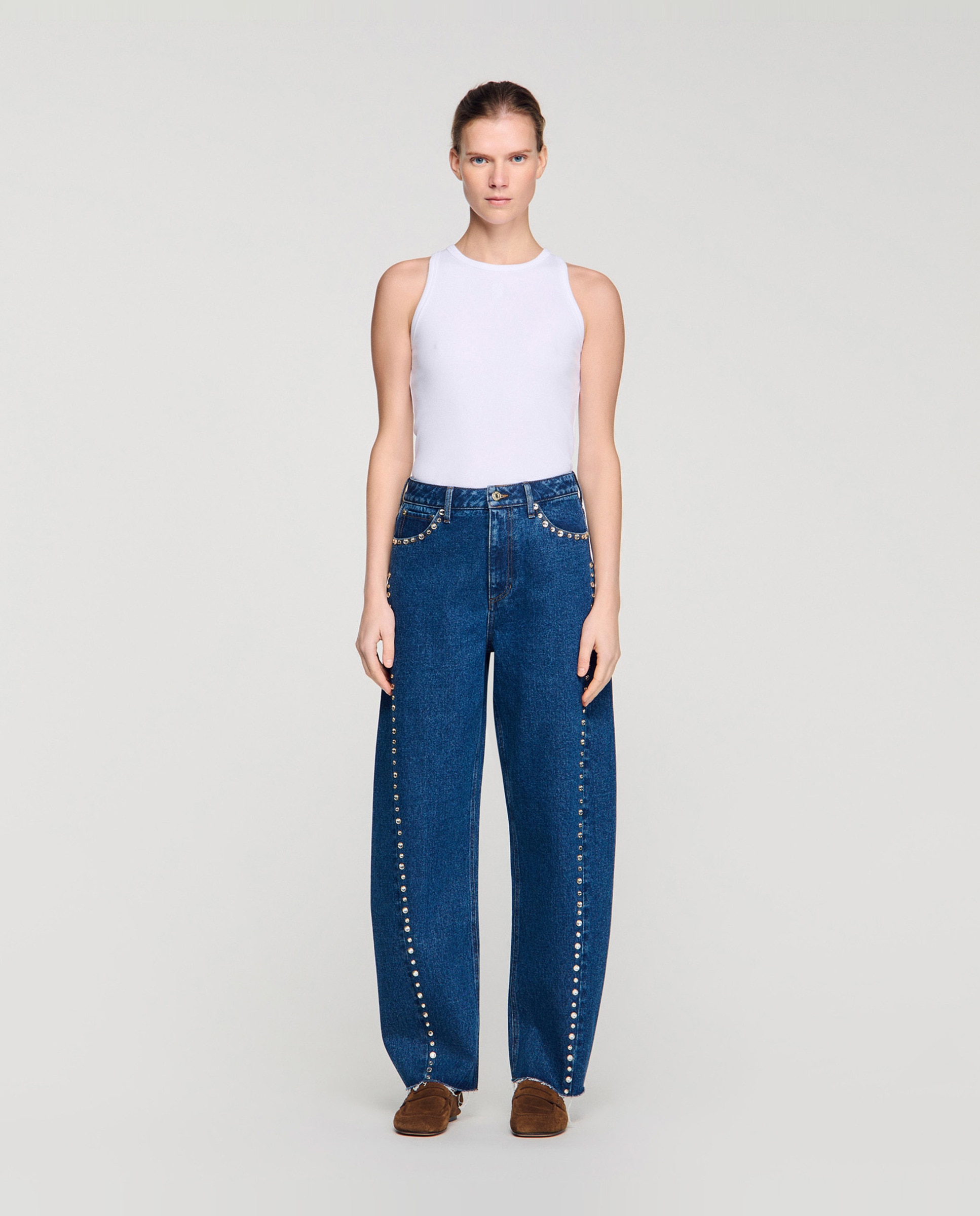 Imagen 0 de Vaquero barrel de mujer 100% algodón de talle alto con strass Azul