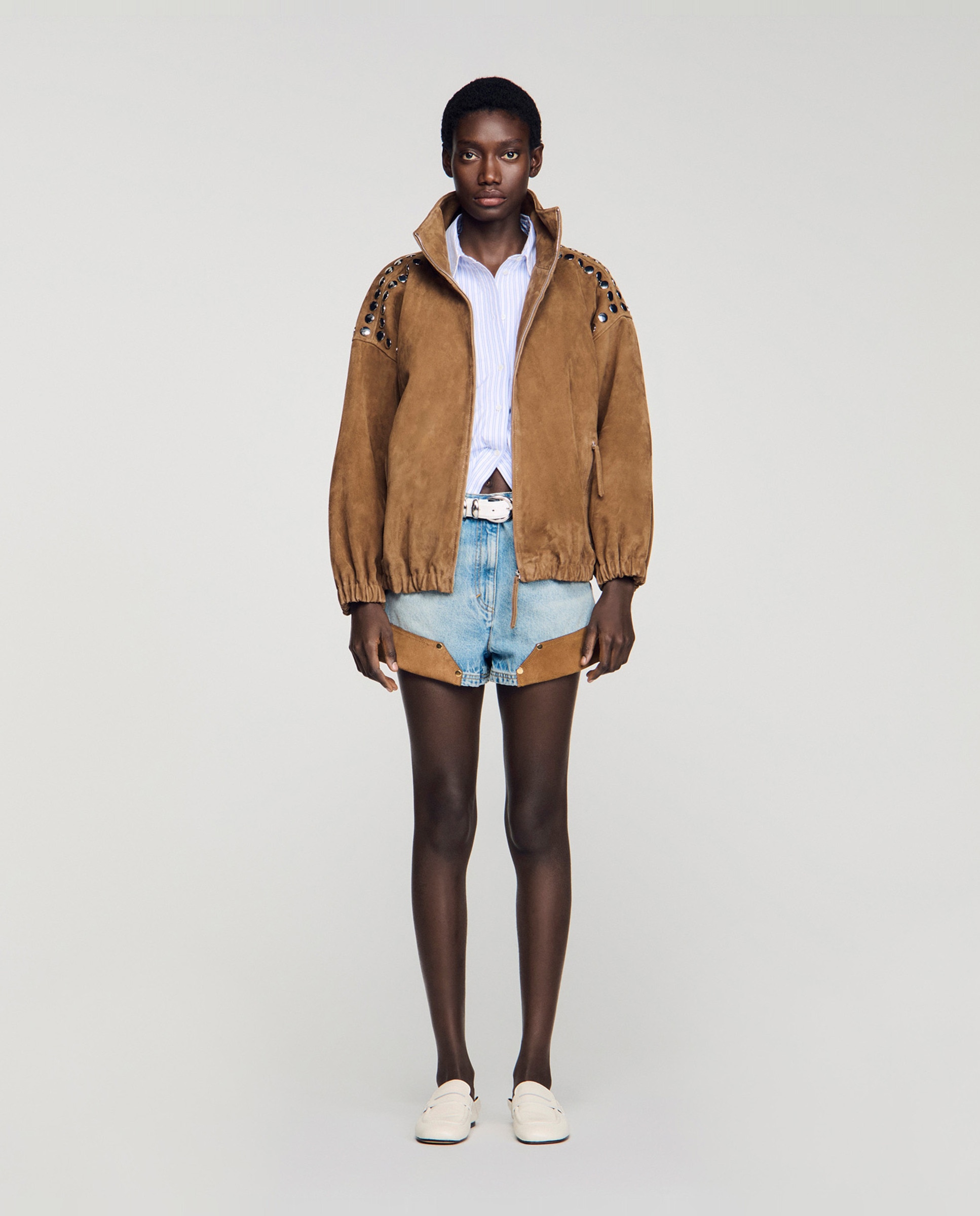 Cazadora oversize de mujer de ante con tachuelas - Sandro - Camel Camel-3