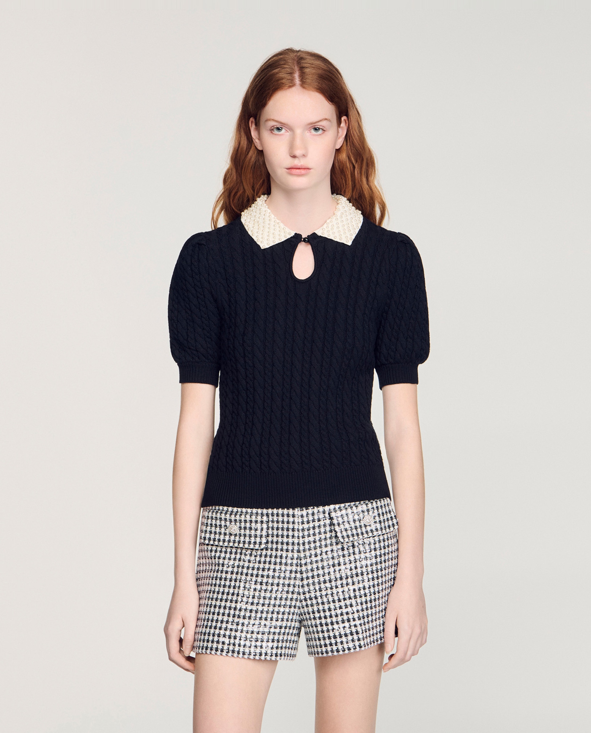 Jersey de mujer trenzado con cuello bordado perlas - Sandro - Negro Negro-1