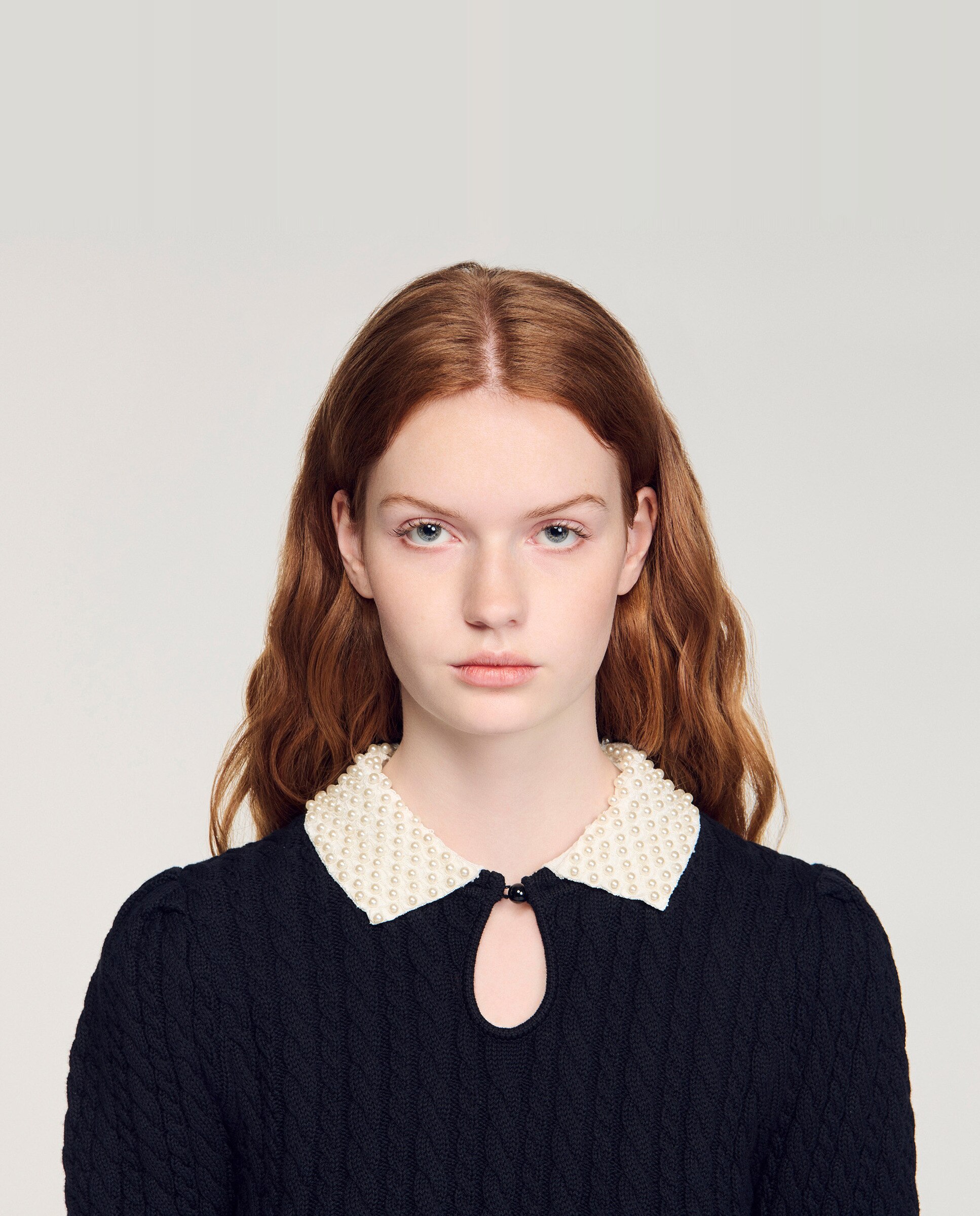 Jersey de mujer trenzado con cuello bordado perlas - Sandro - Negro Negro-4